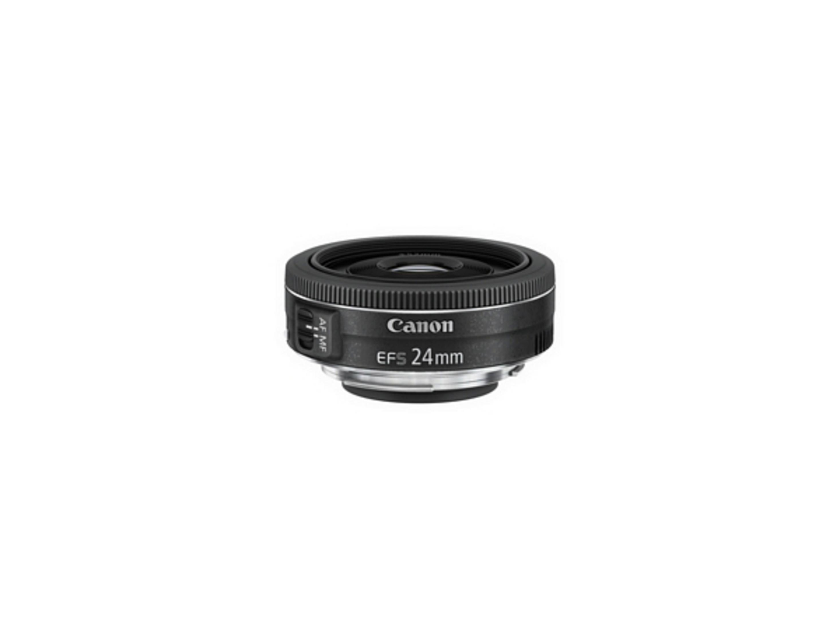 Obiektyw Canon EFS 24mm z przełącznikiem AF/MF, czarny korpus.