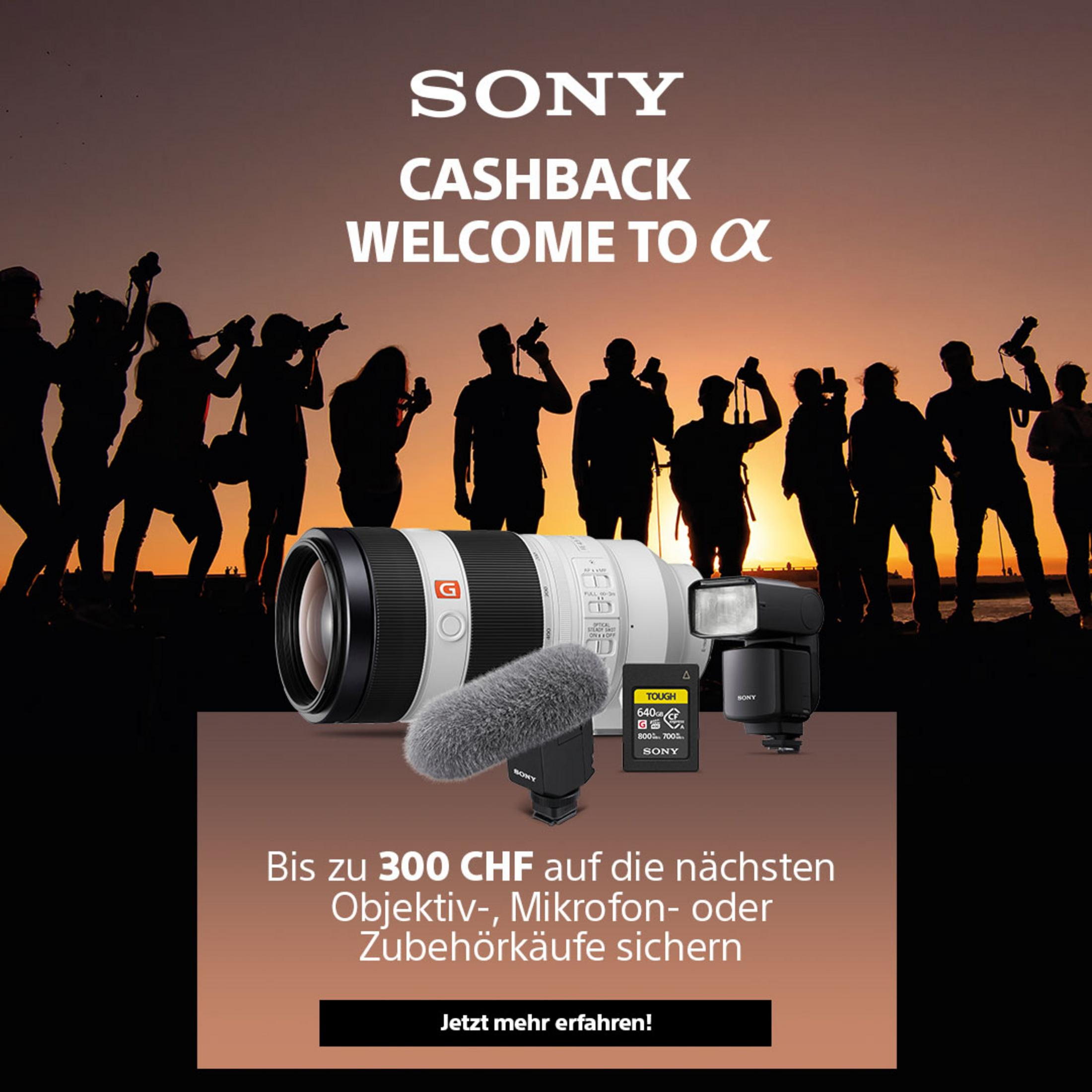 Sony Cashback: Grupo de fotógrafos, lente de cámara, micrófono, flash, tarjeta de memoria.