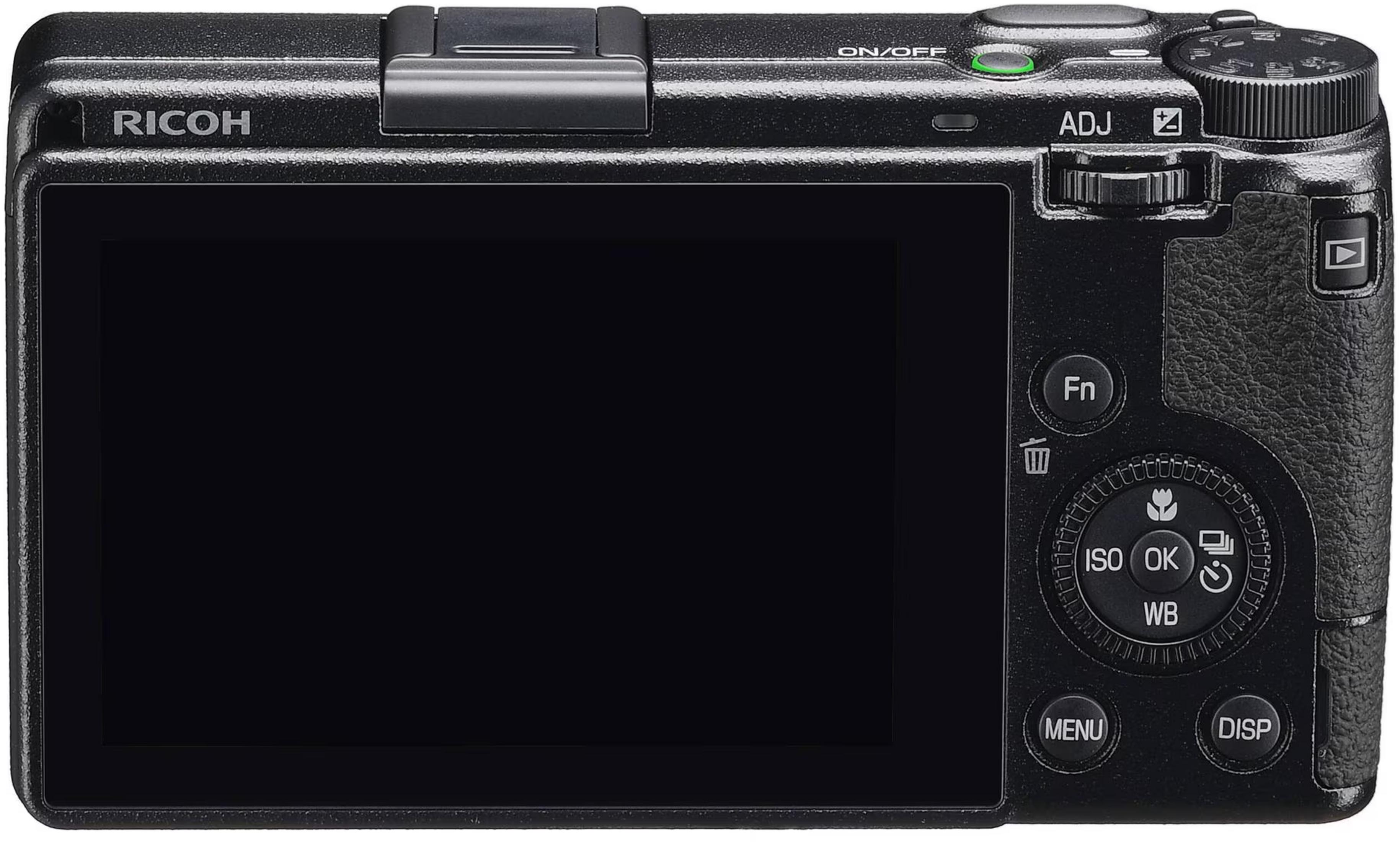 Retro di una fotocamera Ricoh nera con ampio schermo scuro e pulsanti di controllo.