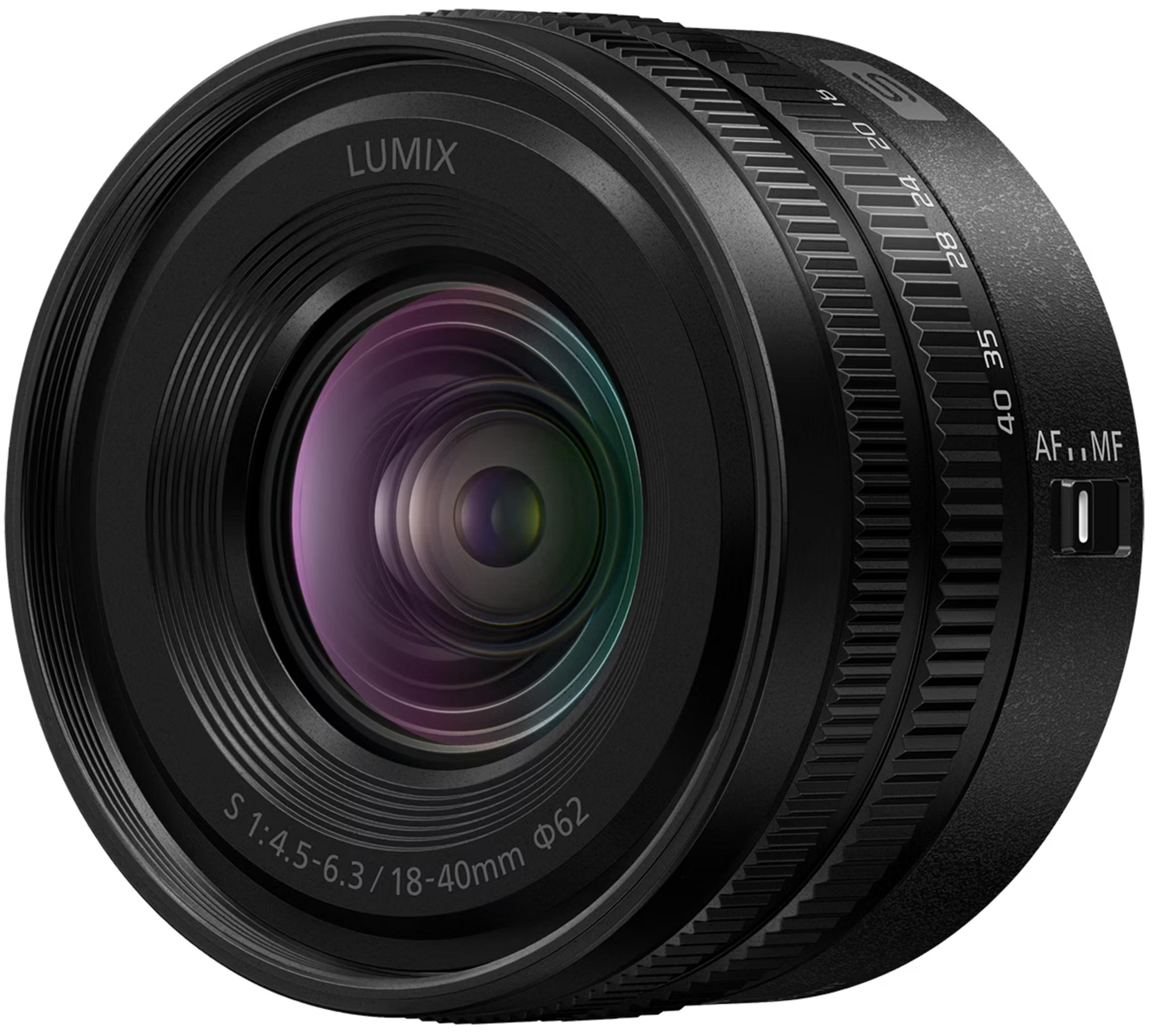 Obiettivo fotocamera LUMIX nero con ghiera zoom e ghiera messa a fuoco, f/4.5-6.3.