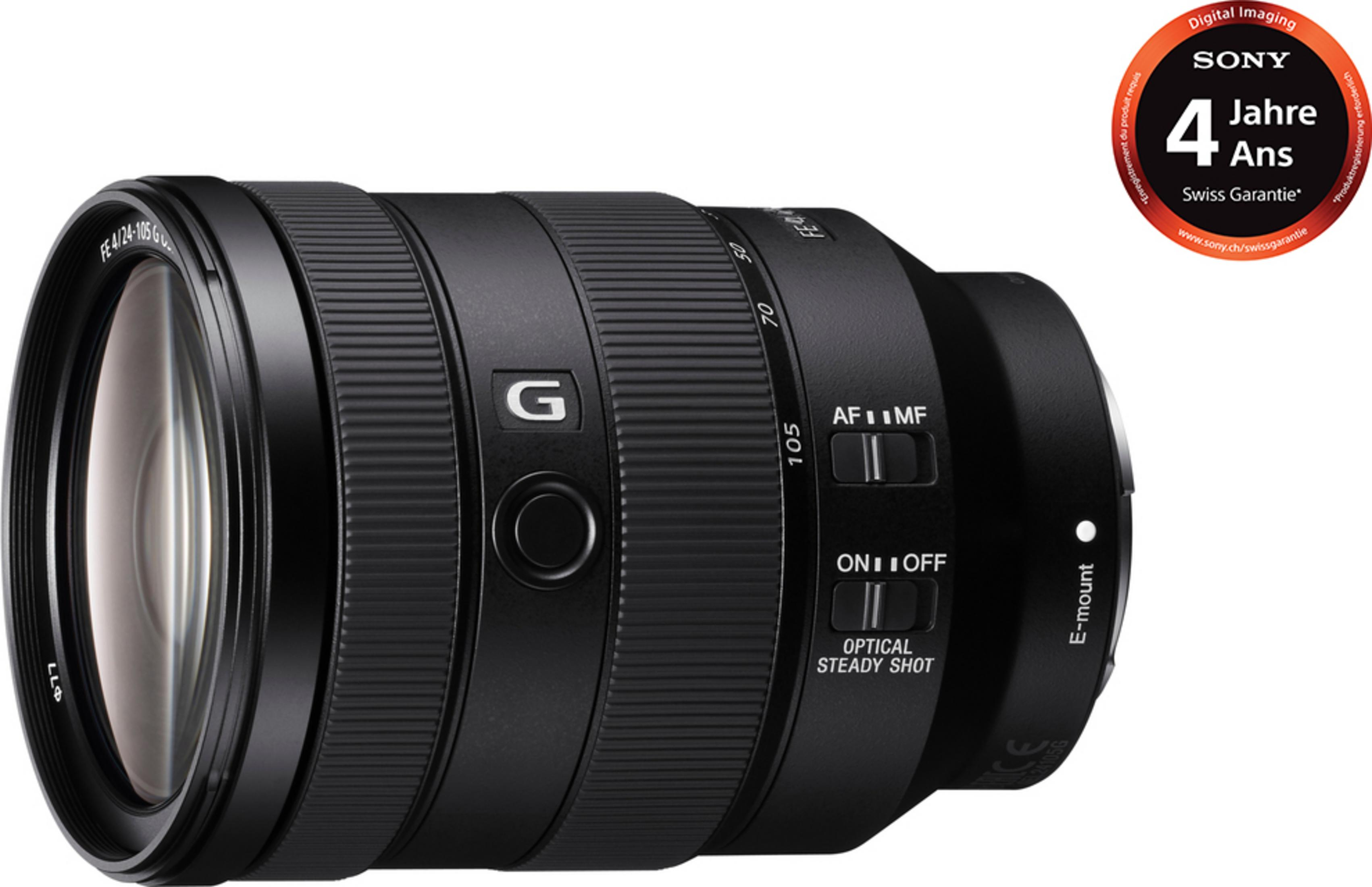 Czarny obiektyw Sony FE 4/24-105 G z pierścieniem zoomu i przełącznikami.