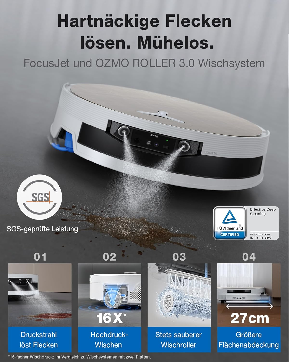 Robot aspirapolvere con funzione spray per la rimozione delle macchie, certificato SGS e TÜV.