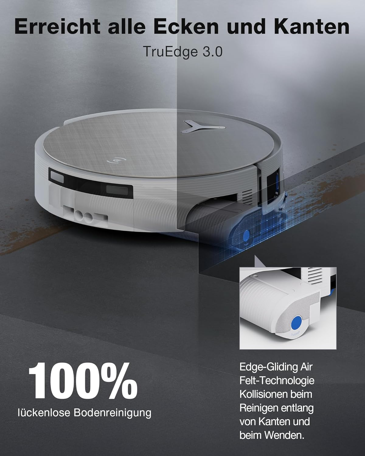 Un robot aspirapolvere pulisce il pavimento con il 100% di efficienza e TruEdge 3.0.