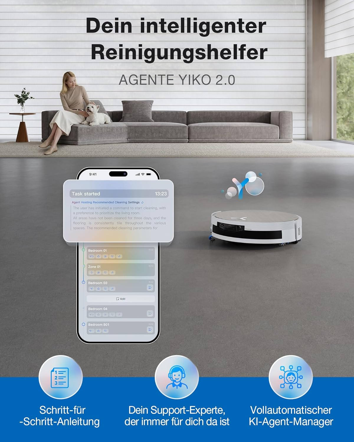 Un robot aspirapolvere con controllo app in un soggiorno moderno con divano e donna.