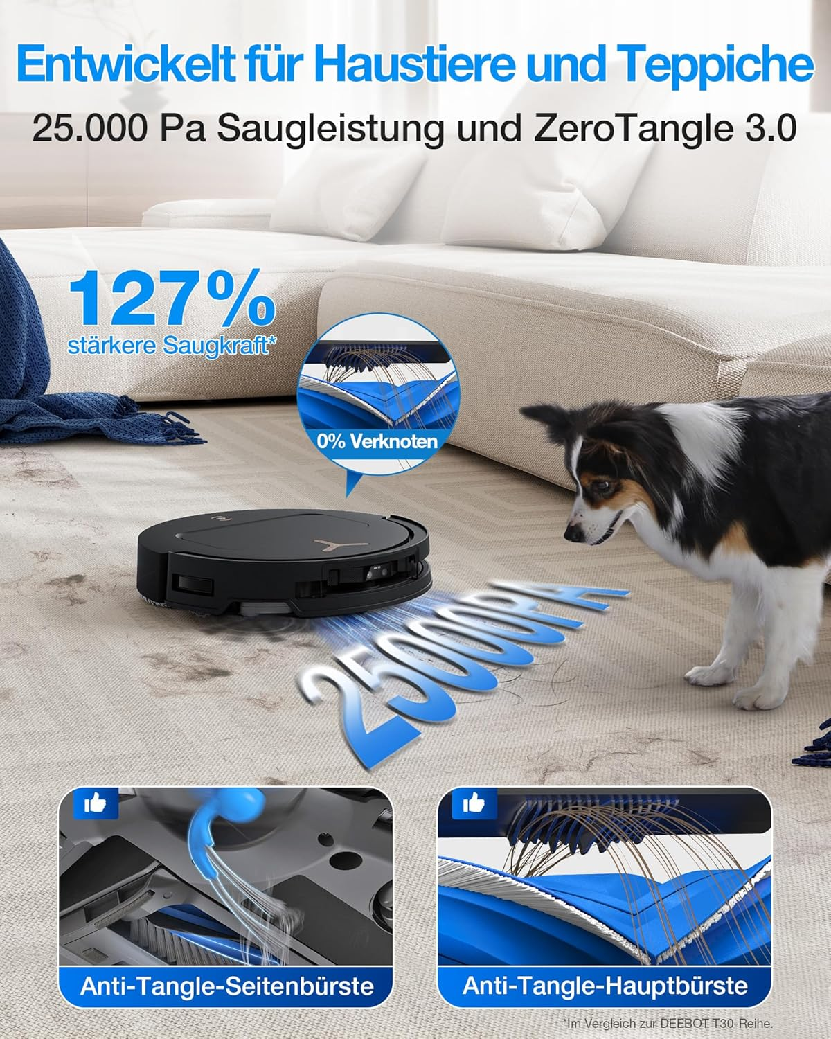 Ein Saugroboter reinigt einen Teppich, während ein Hund zusieht. Mit Anti-Tangle-Bürsten.