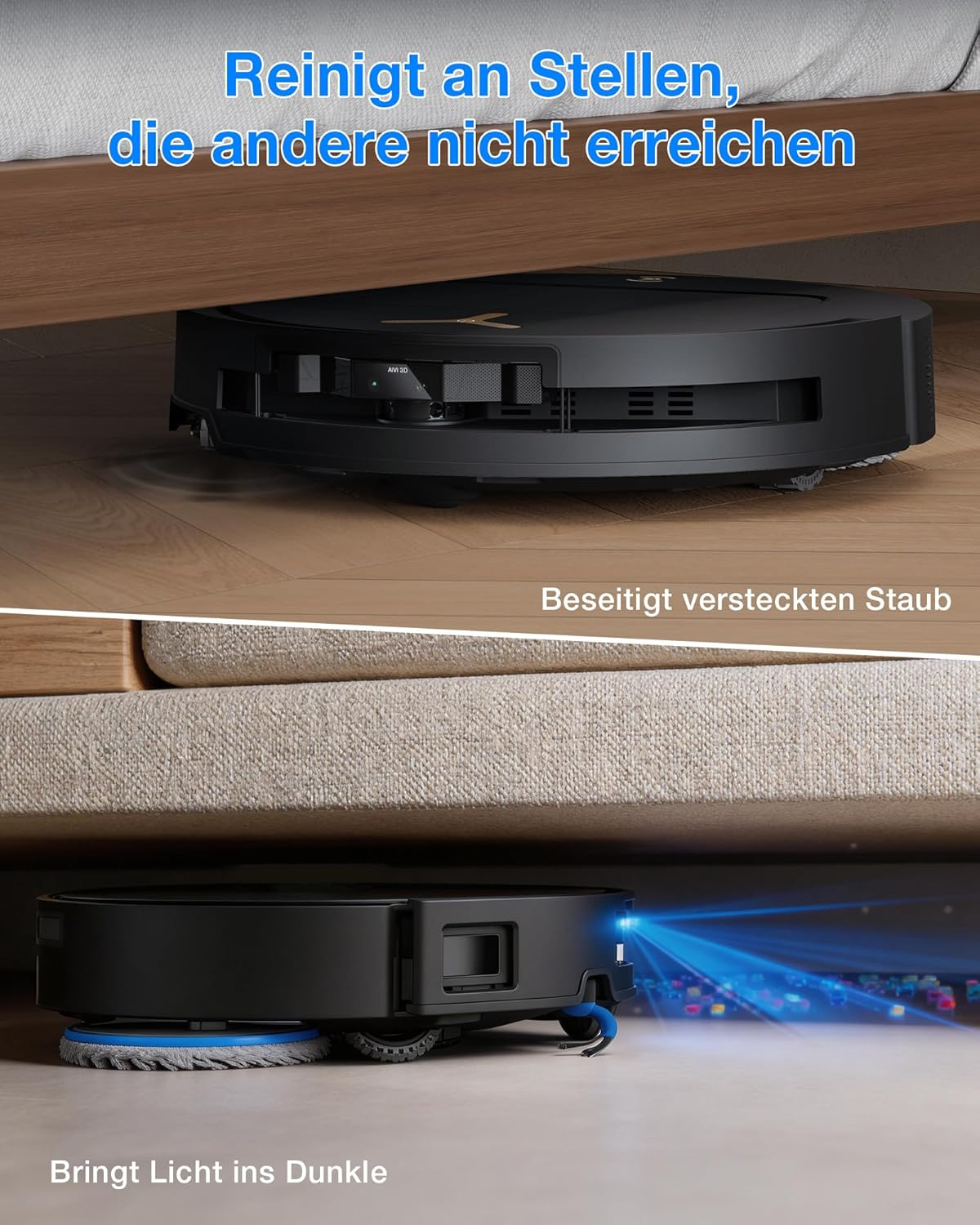 Schwarzer Saugroboter reinigt unter einem Bett und Sofa.