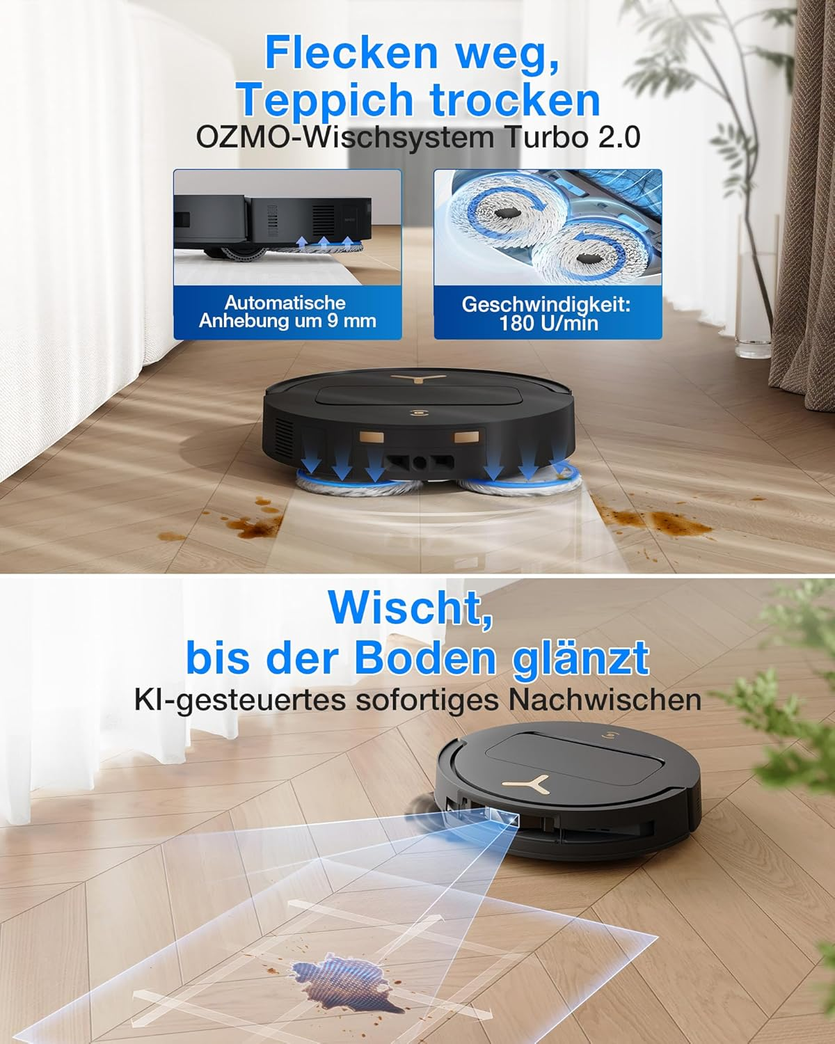 Roboterstaubsauger wischt Flecken auf Holzfußboden. Automatische Teppicherkennung.