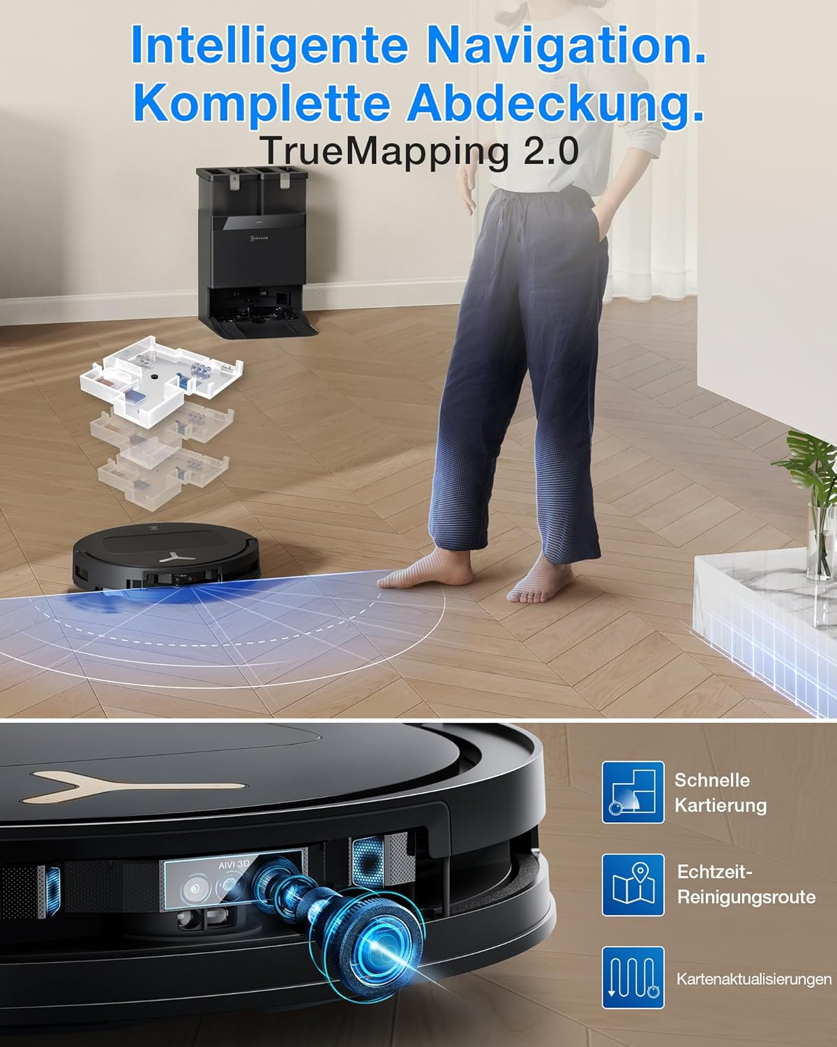 Roboterstaubsauger mit intelligenter Navigation, Kartierung und Reinigungsrouten.