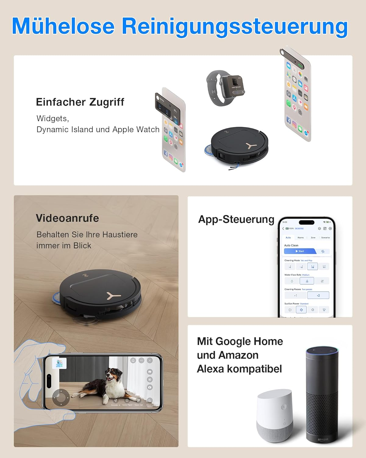 Roboterstaubsauger mit App-Steuerung, Videoanrufen und Sprachassistenten.