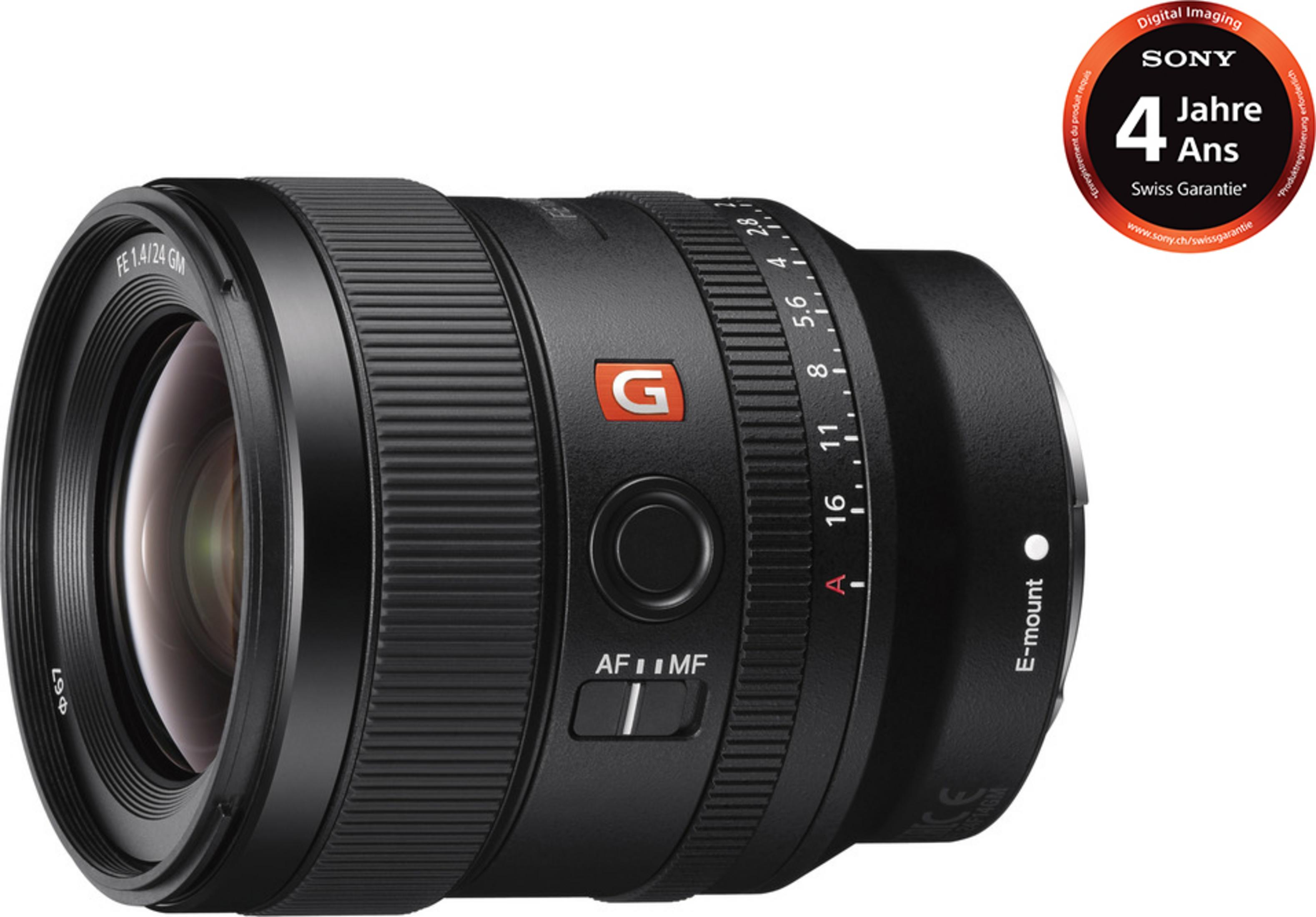 Lente Sony FE 1.4/24 GM con anillos de enfoque y apertura. Vista cercana.