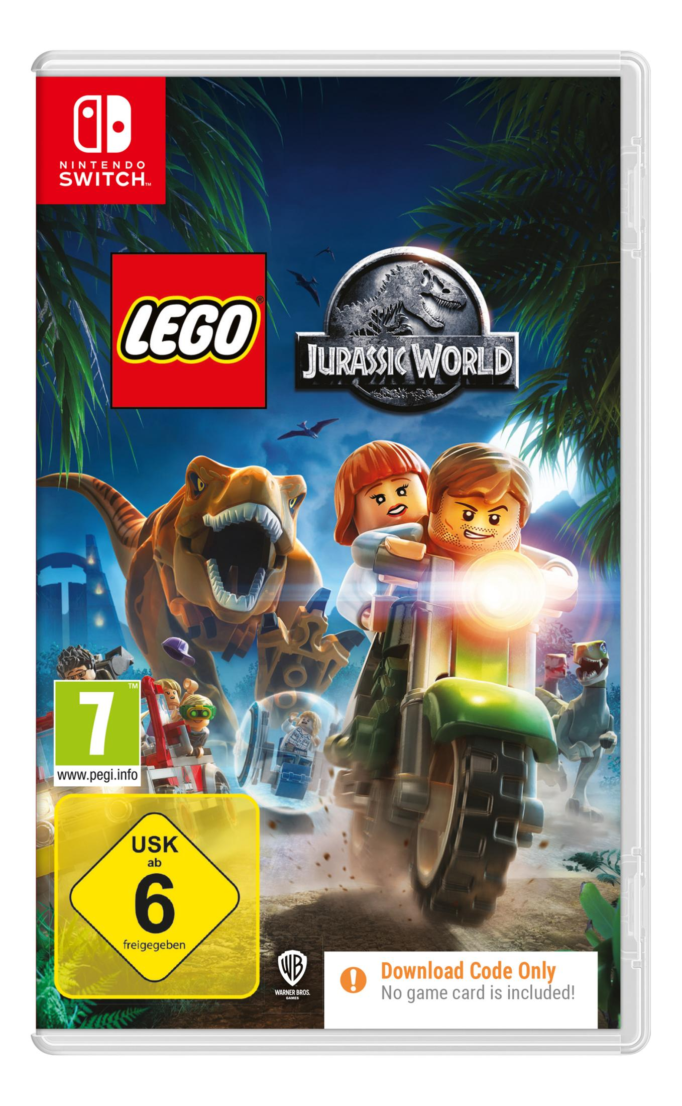 Lego-Figuren reiten auf einem Motorrad, verfolgt von einem Lego-Dinosaurier.