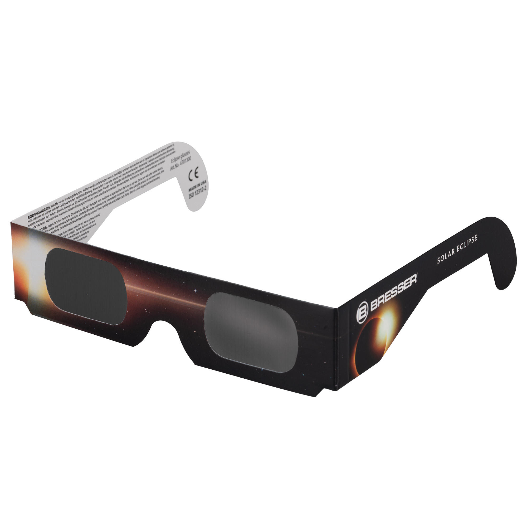 Gafas para eclipses solares con diseño espacial y logo de Bresser.