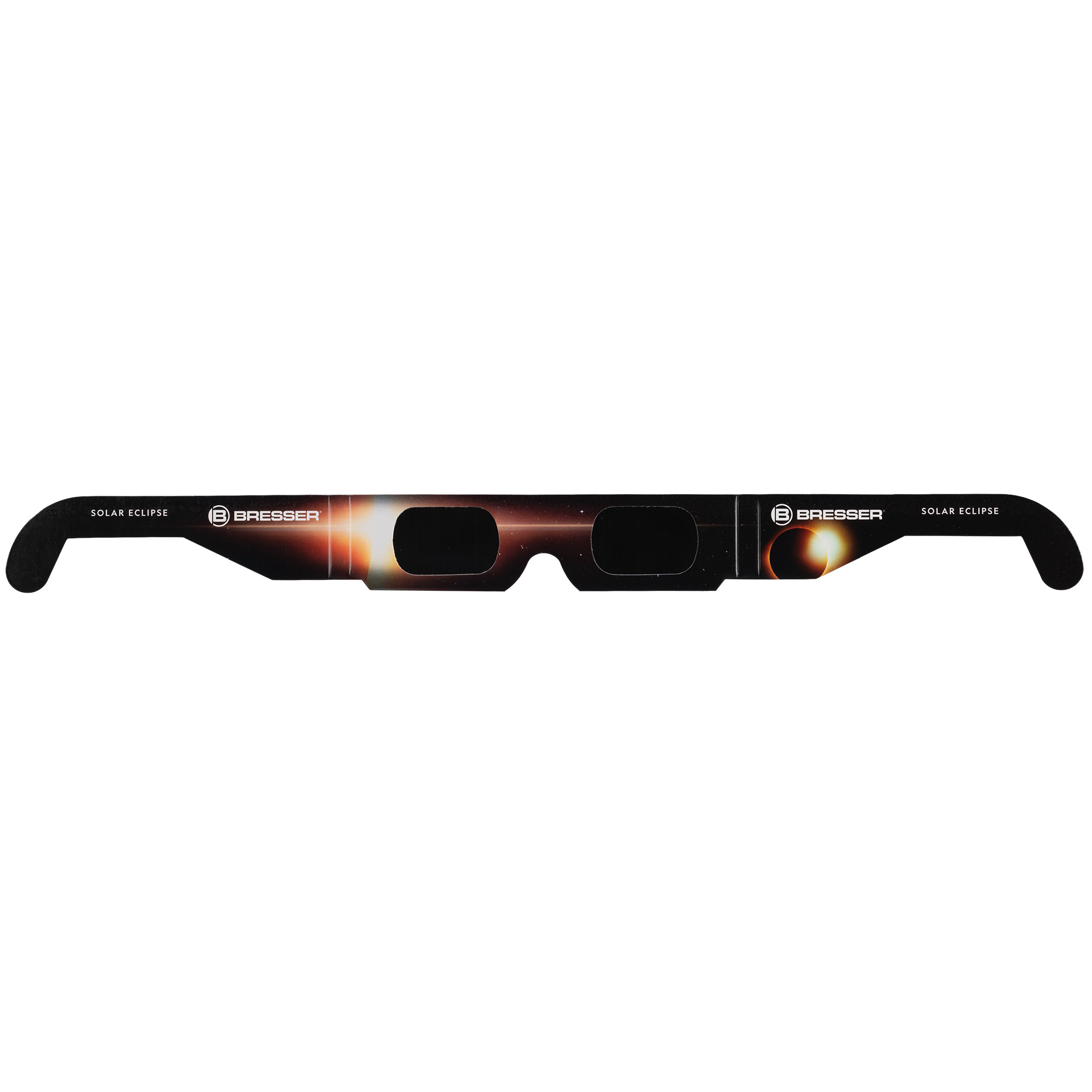 Gafas de sol negras con texto 'Bresser Solar Eclipse' e imagen de un eclipse.