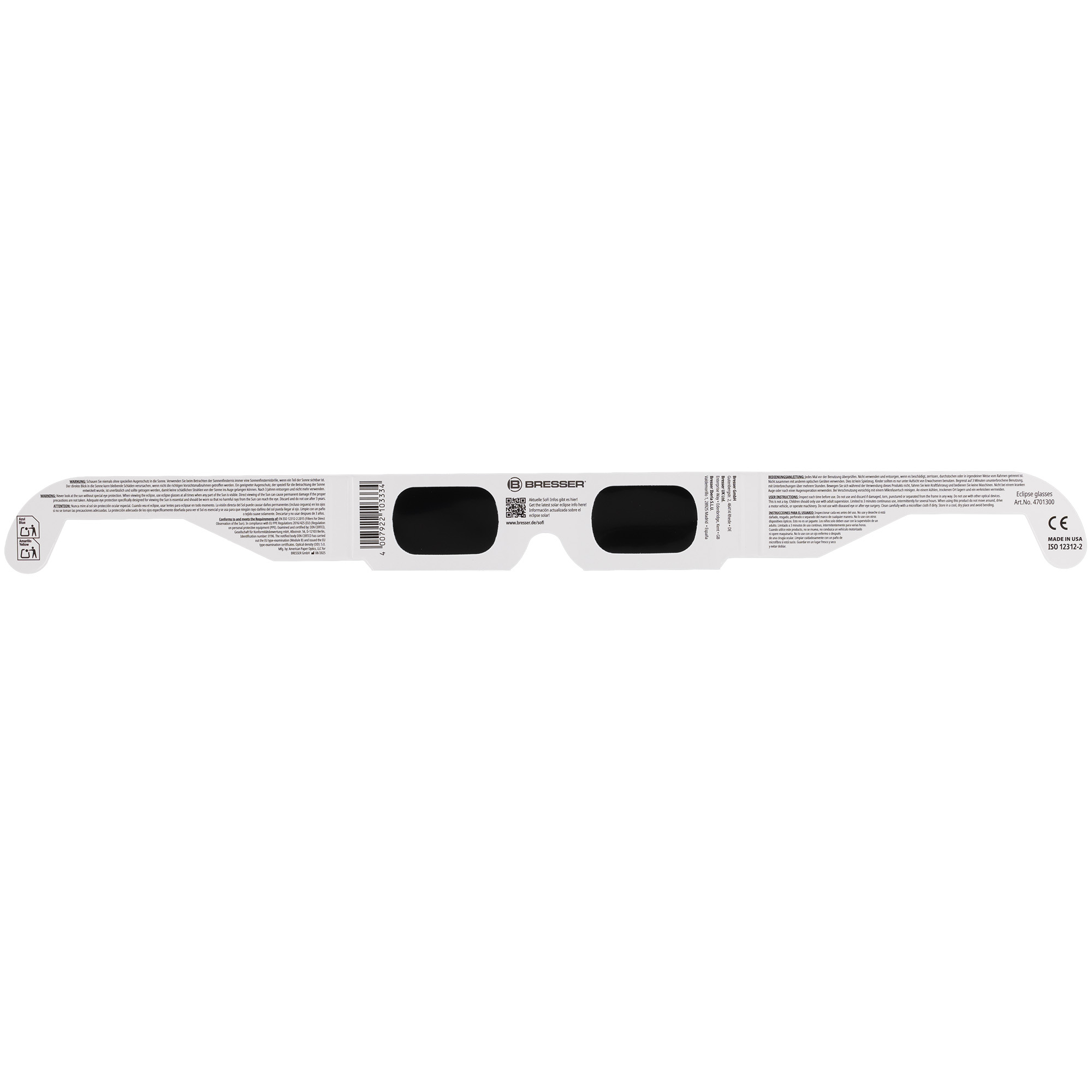 Gafas blancas para eclipses con lentes negras e instrucciones impresas.