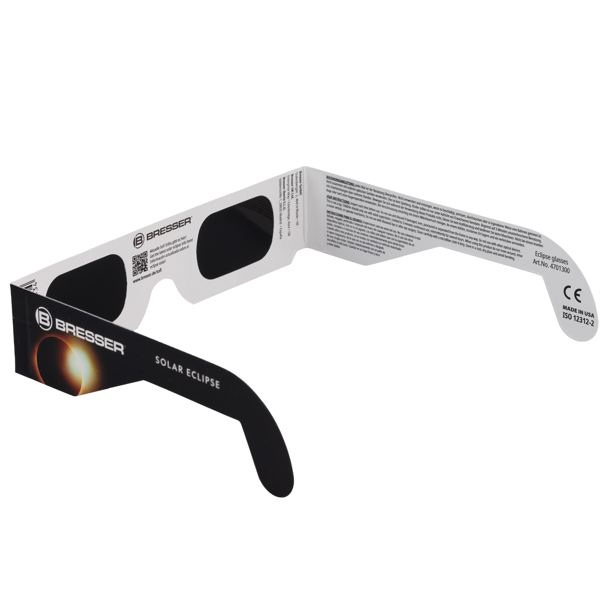 Gafas Bresser para eclipse solar con advertencias y marca CE.