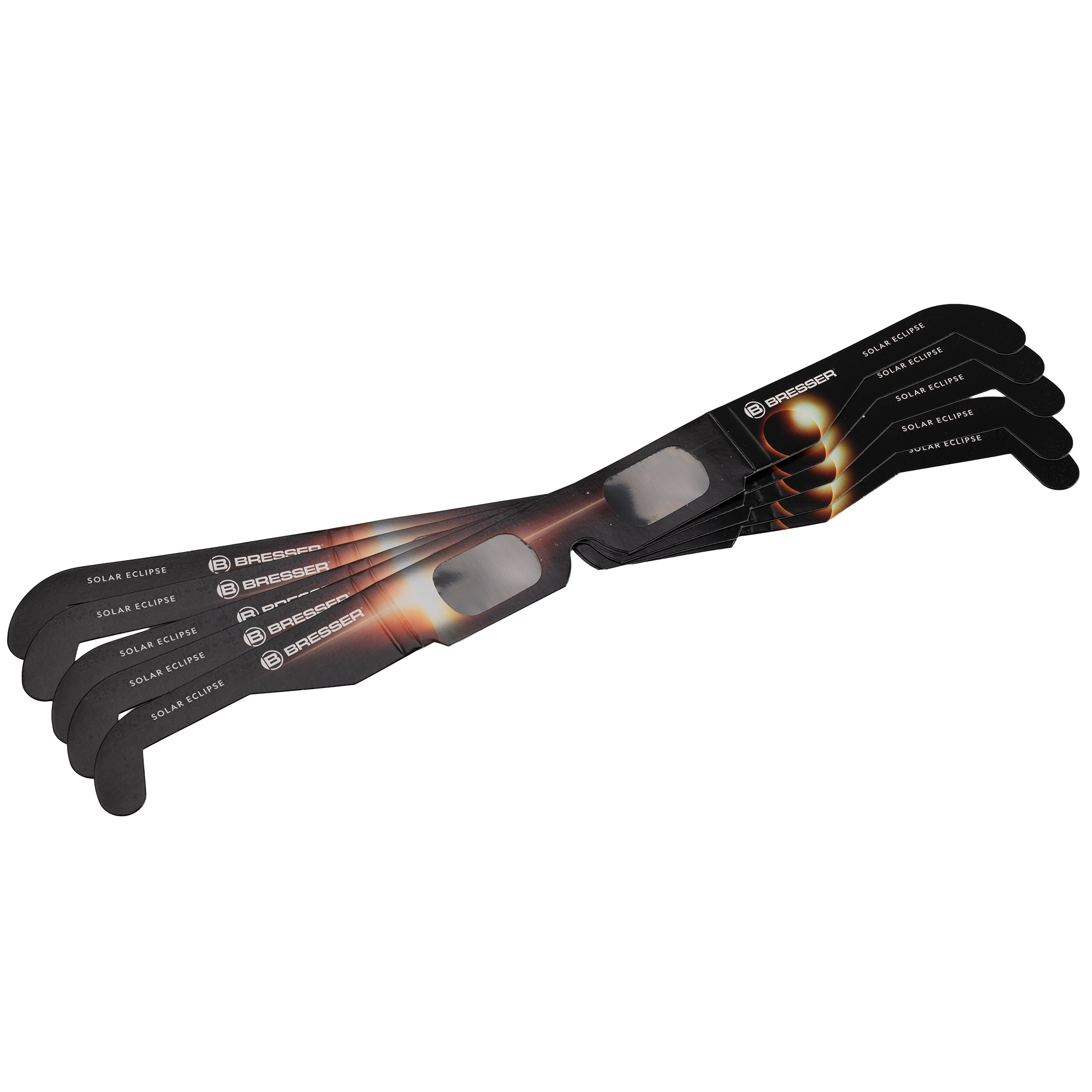 Varias gafas negras para eclipses solares con impresión están apiladas.