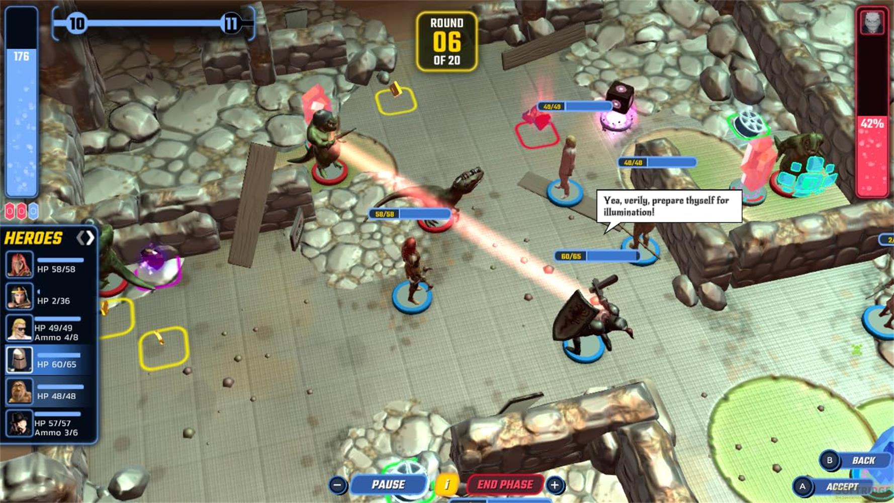 Gioco a turni con personaggi fantasy in un'arena rocciosa.