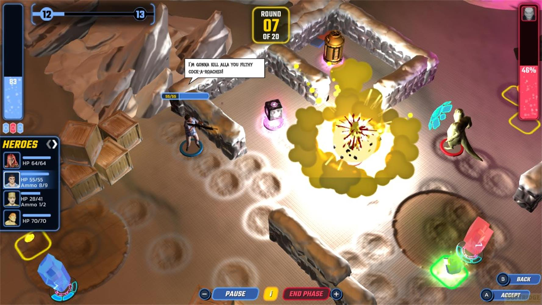 Round 7 di 20 in un gioco di combattimento fantascientifico con esplosioni.