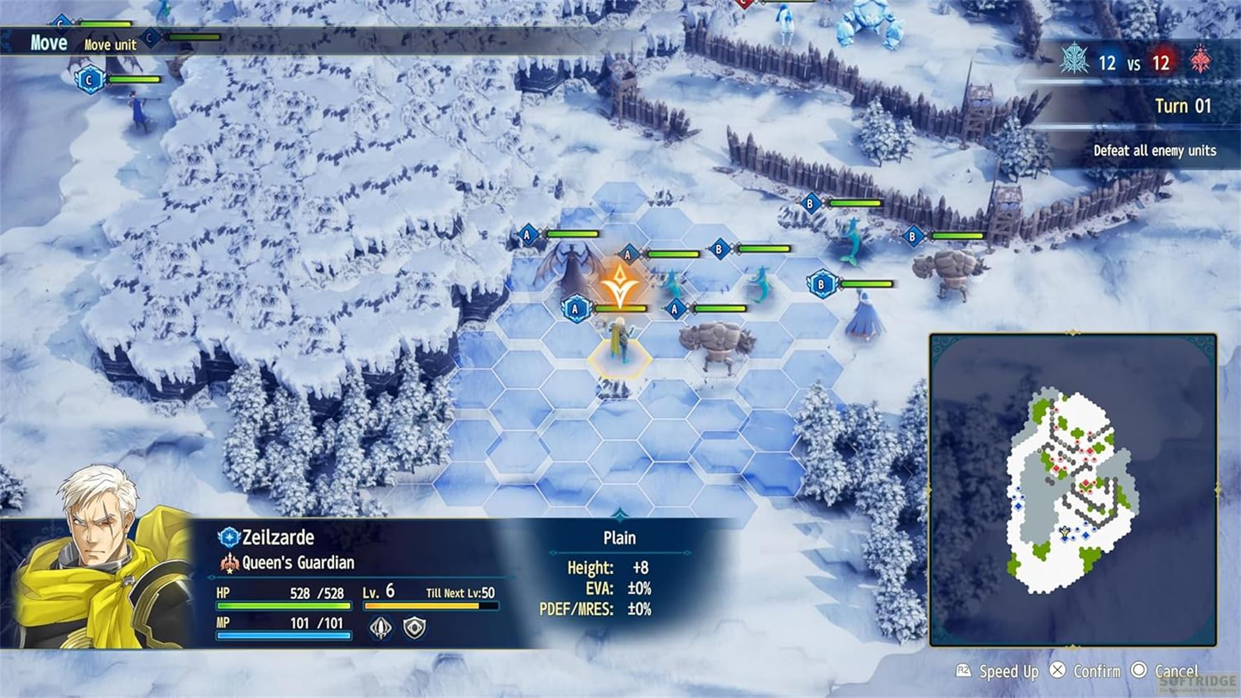 Rundenbasiertes Strategiespiel auf einer Schneekarte. Einheiten auf Hexfeld. Spielercharakter Zeilzarde gezeigt.
