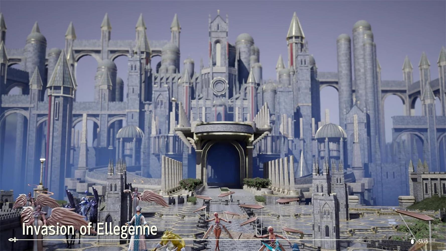 Eine epische Schlacht vor einem riesigen, grauen Schloss mit geflügelten Figuren und einem gelben Monster.