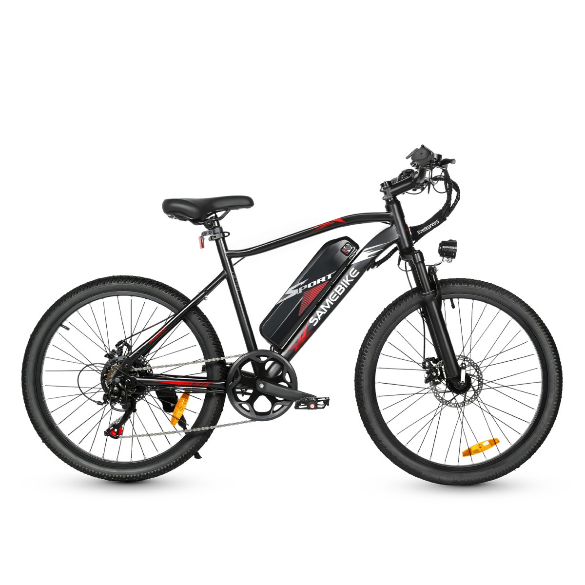 Czarny rower elektryczny z czerwoną paskiem i napisem SAMEBIKE na baterii.