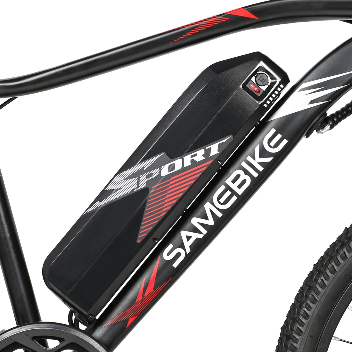 Czarna rama roweru elektrycznego z czerwonym logo "SPORT" i napisem "SAMEBIKE".