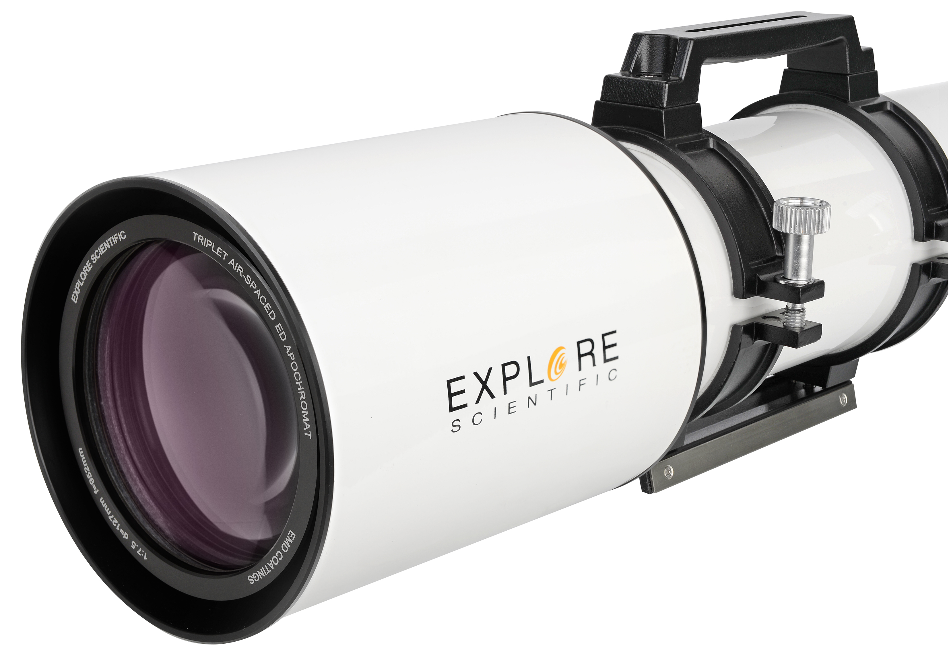Un telescopio blanco con asa negra y marca Explore Scientific.