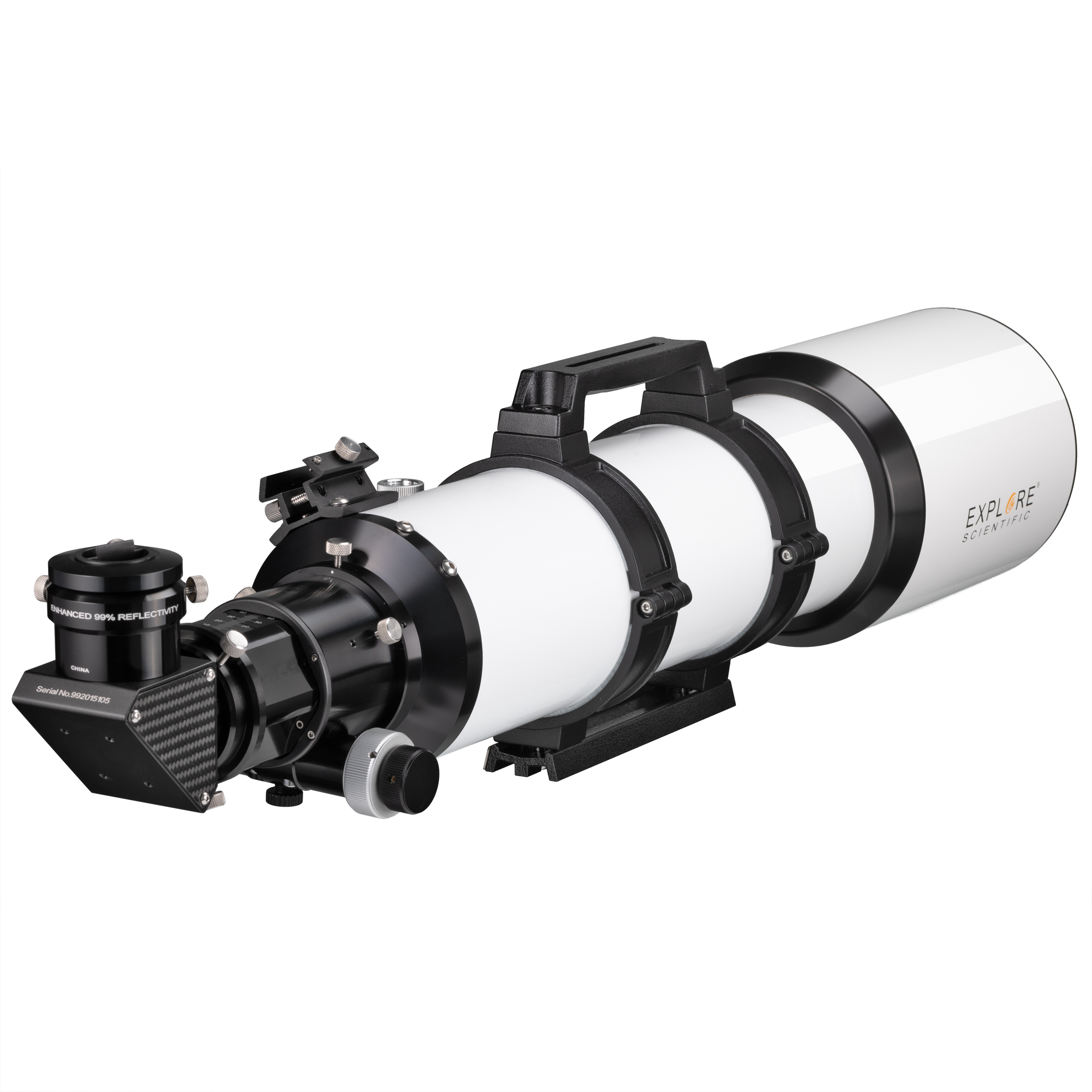 Un telescopio blanco con montura y asa negras, sobre fondo blanco.