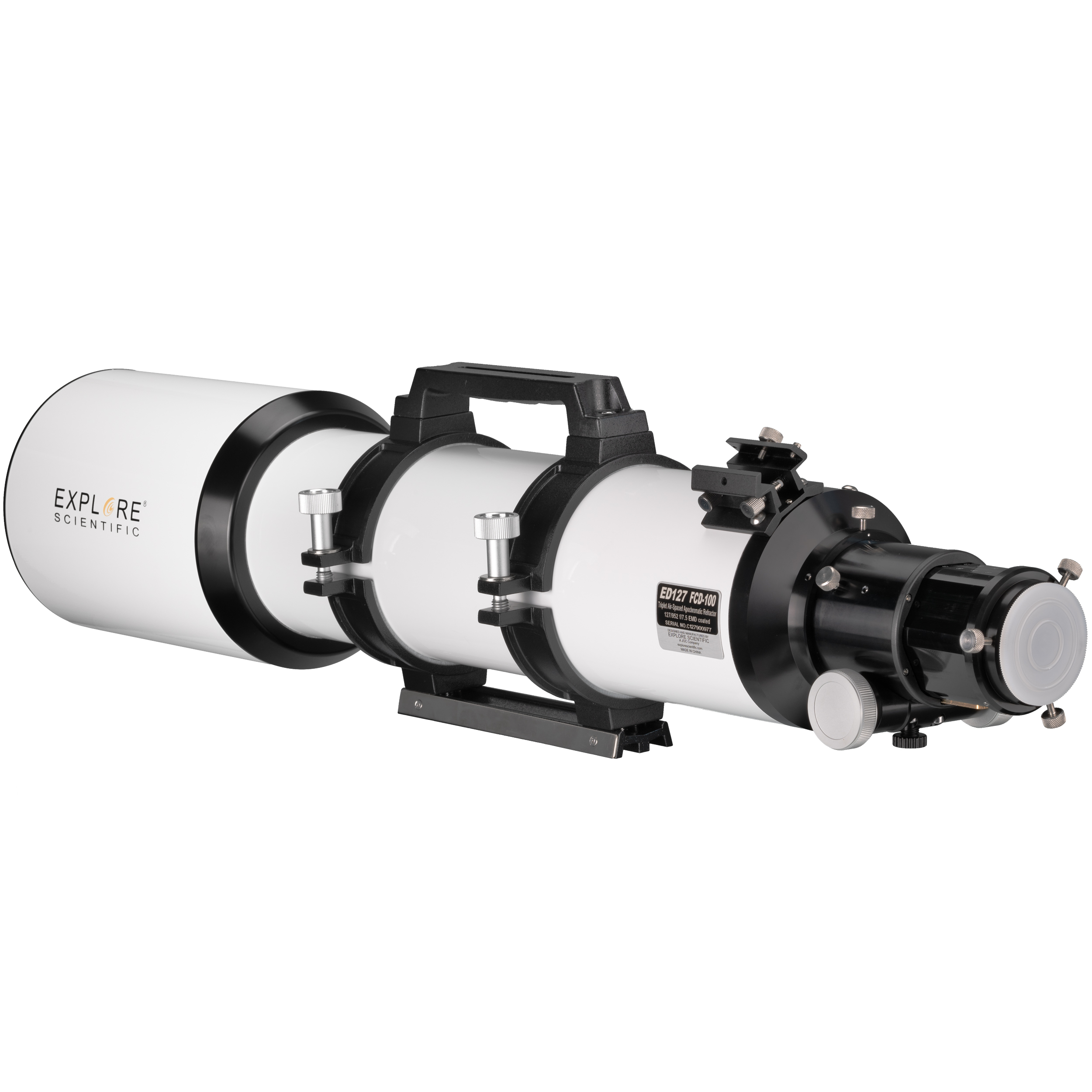 Un telescopio blanco con mango negro y detalles, etiquetado 'Explore Scientific'.