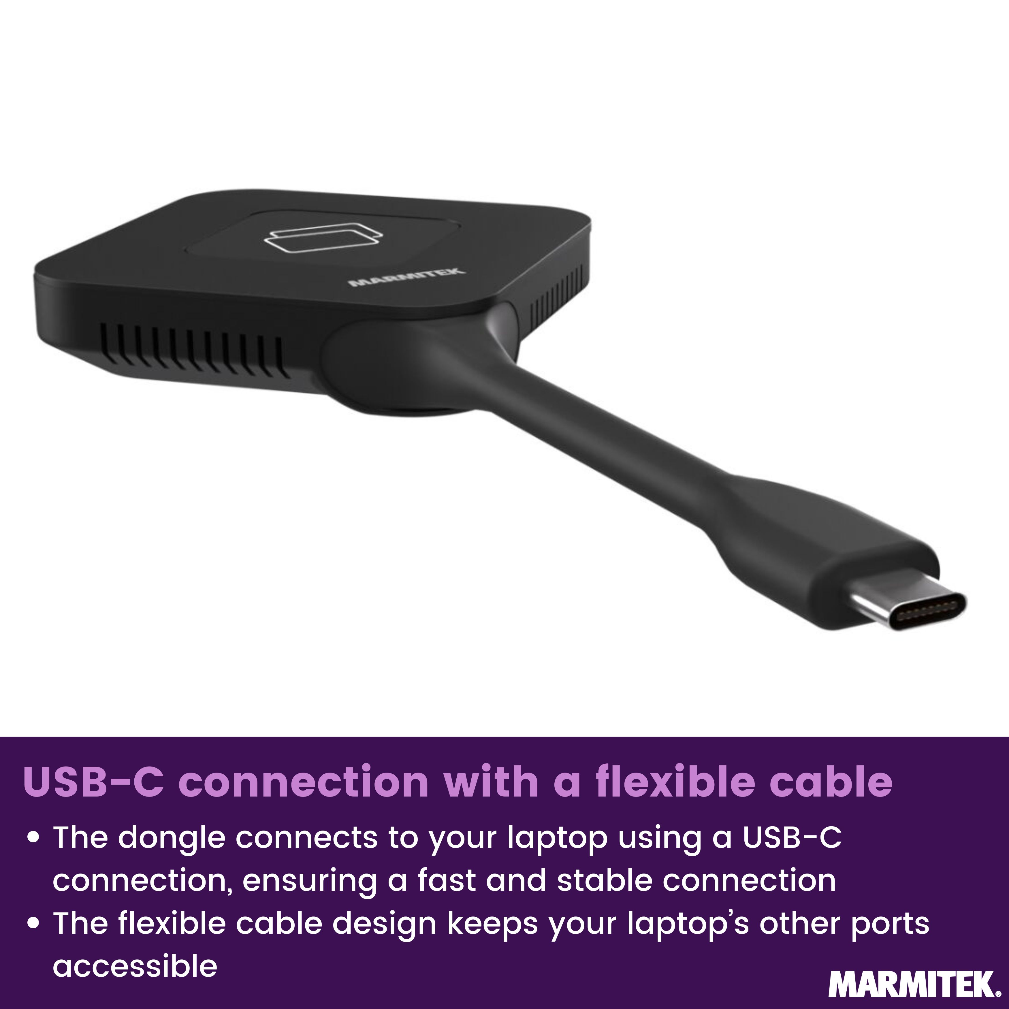 Adaptador Marmitek USB-C negro con conexión de cable flexible.