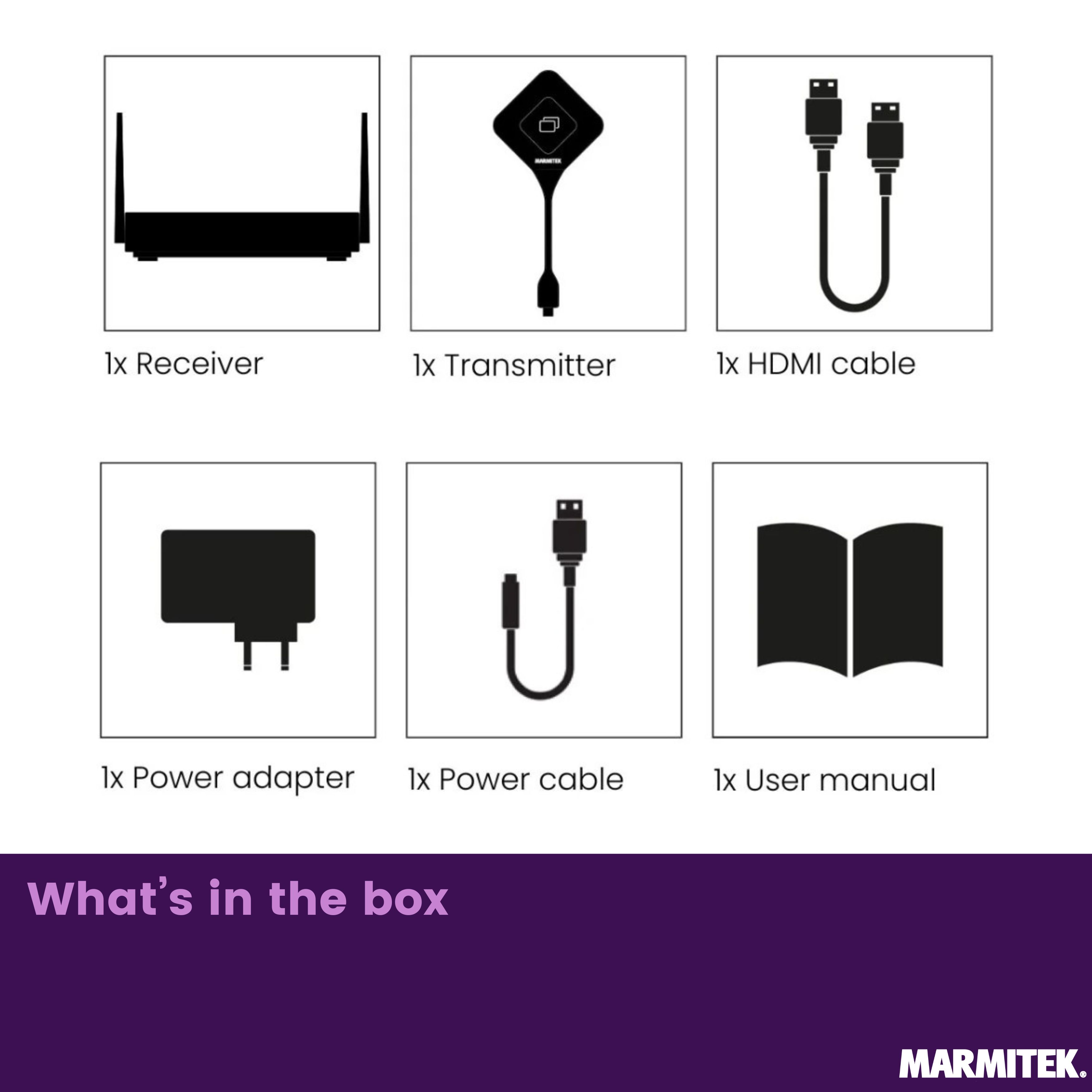 Contenido de la caja: receptor, transmisor, cable HDMI, adaptador de corriente, cable de alimentación, manual.