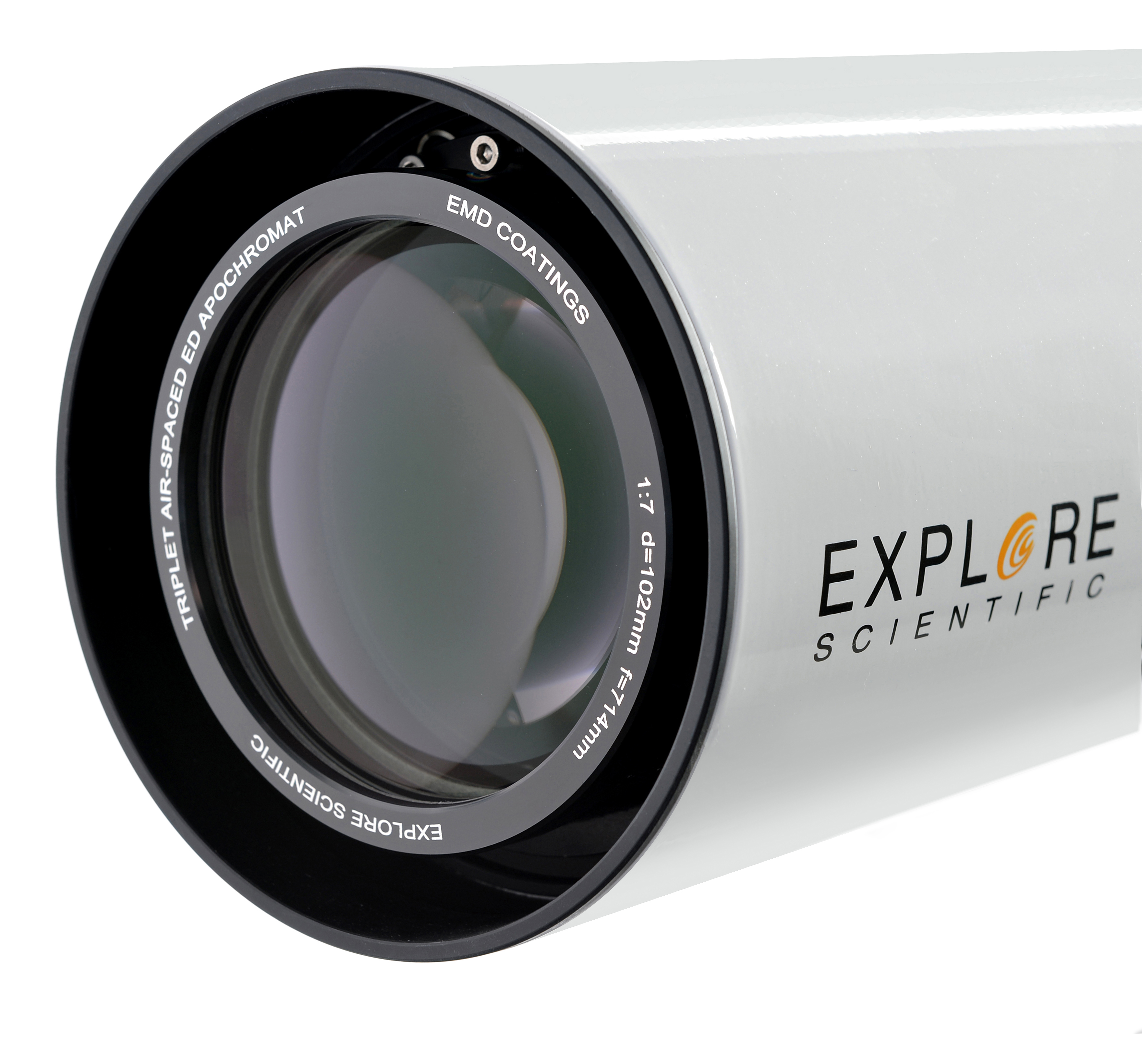 Un telescopio blanco con la marca EXPLORE SCIENTIFIC y especificaciones de lente.