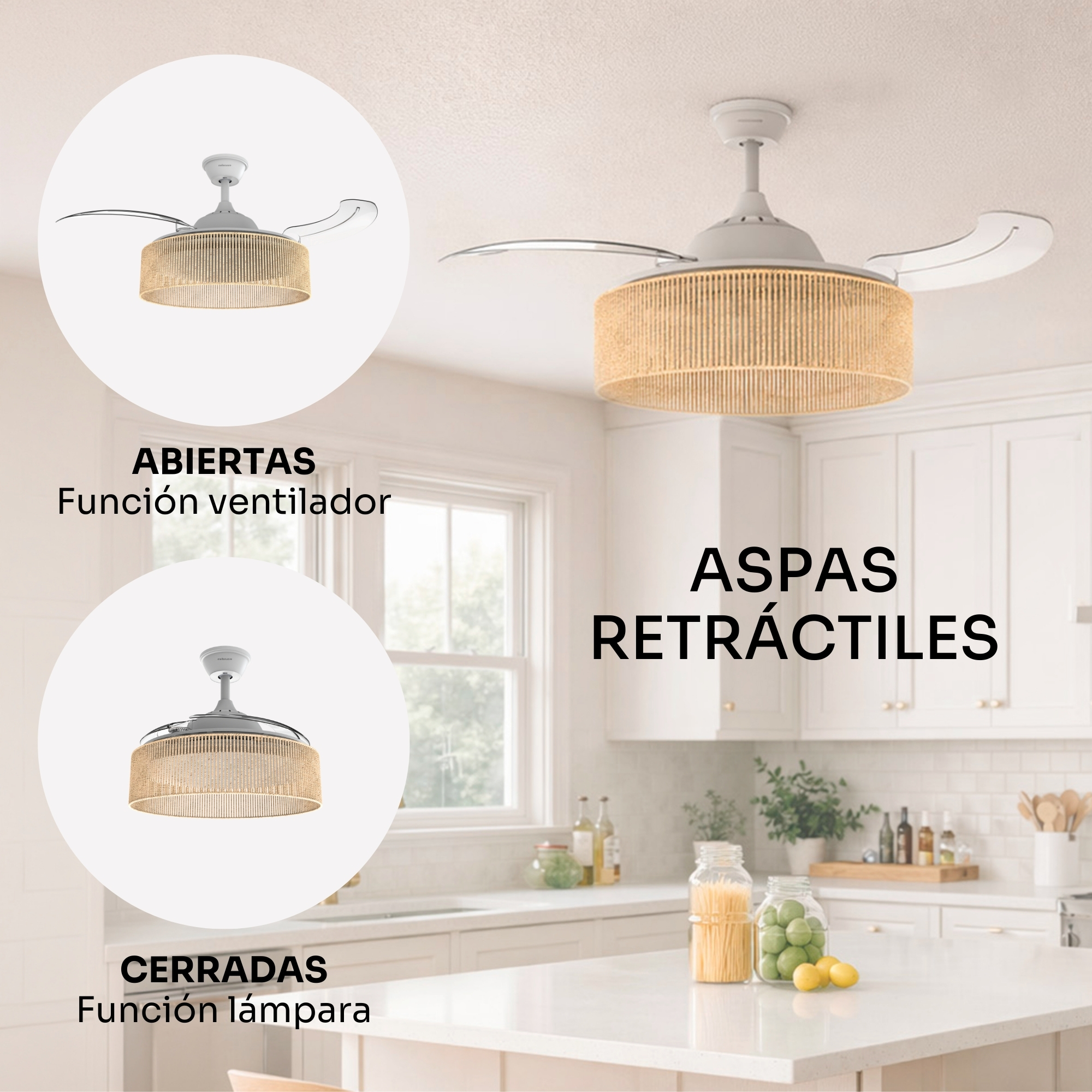 Un ventilador de techo con aspas retráctiles y pantalla tejida.