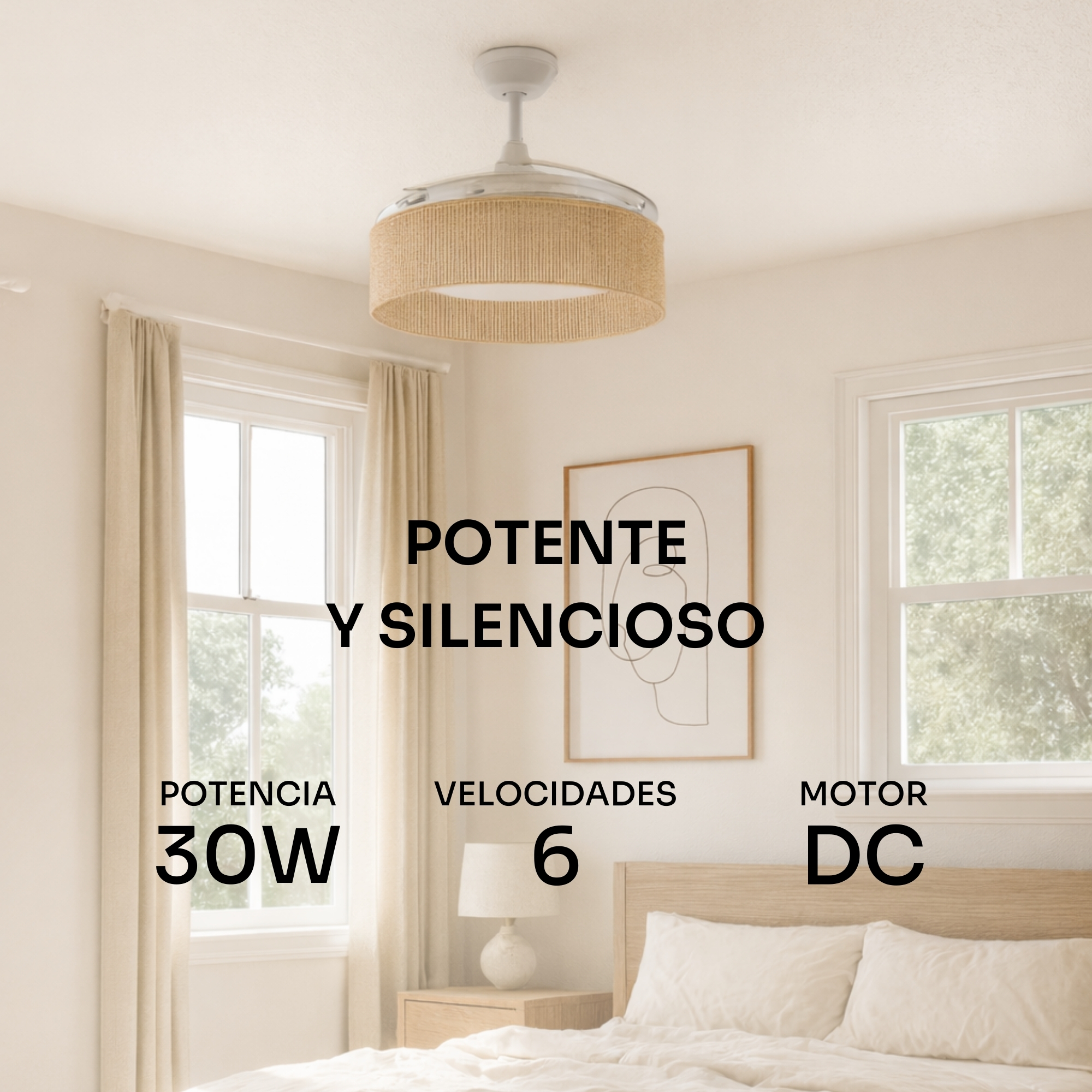 Ventilador de techo con pantalla tejida sobre una cama. 30W, 6 velocidades, motor CC.