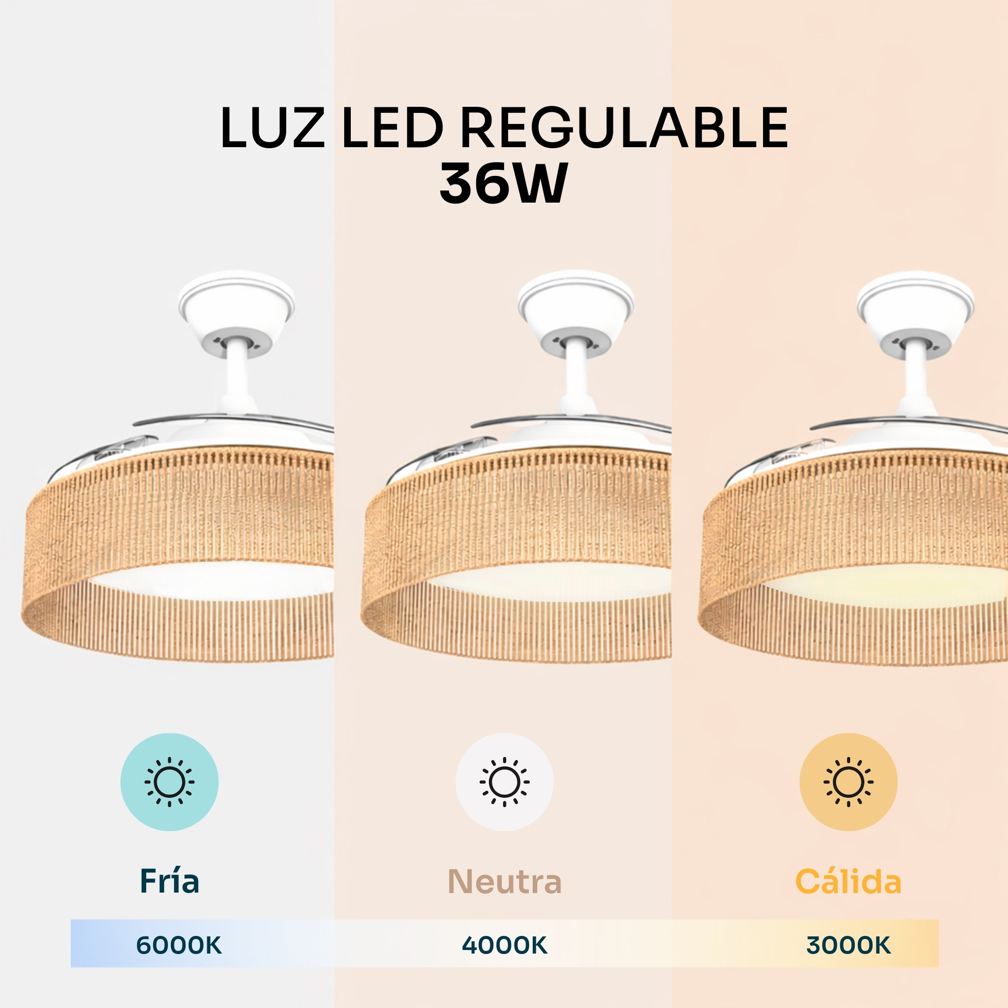 Ventilador de techo con luz LED en tres temperaturas de color: fría (6000K), neutra (4000K), cálida (3000K).