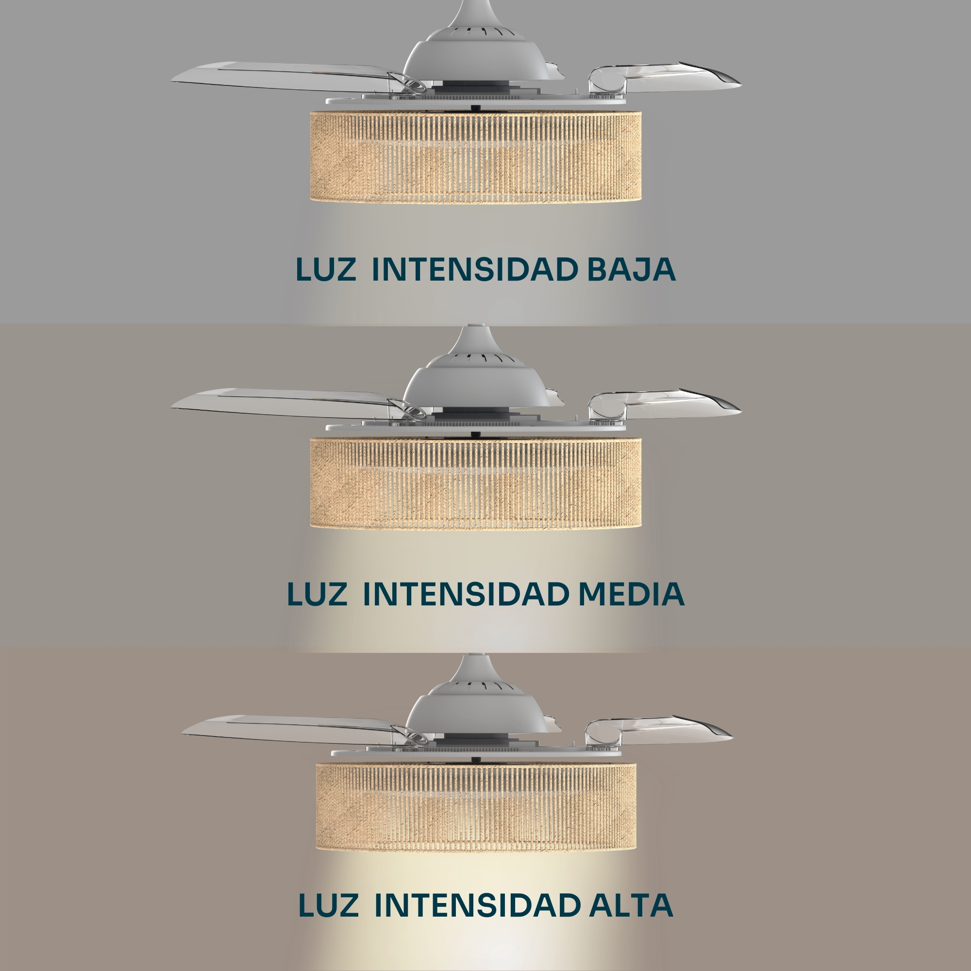 Ventilador de techo con luz en tres niveles de brillo: bajo, medio y alto.