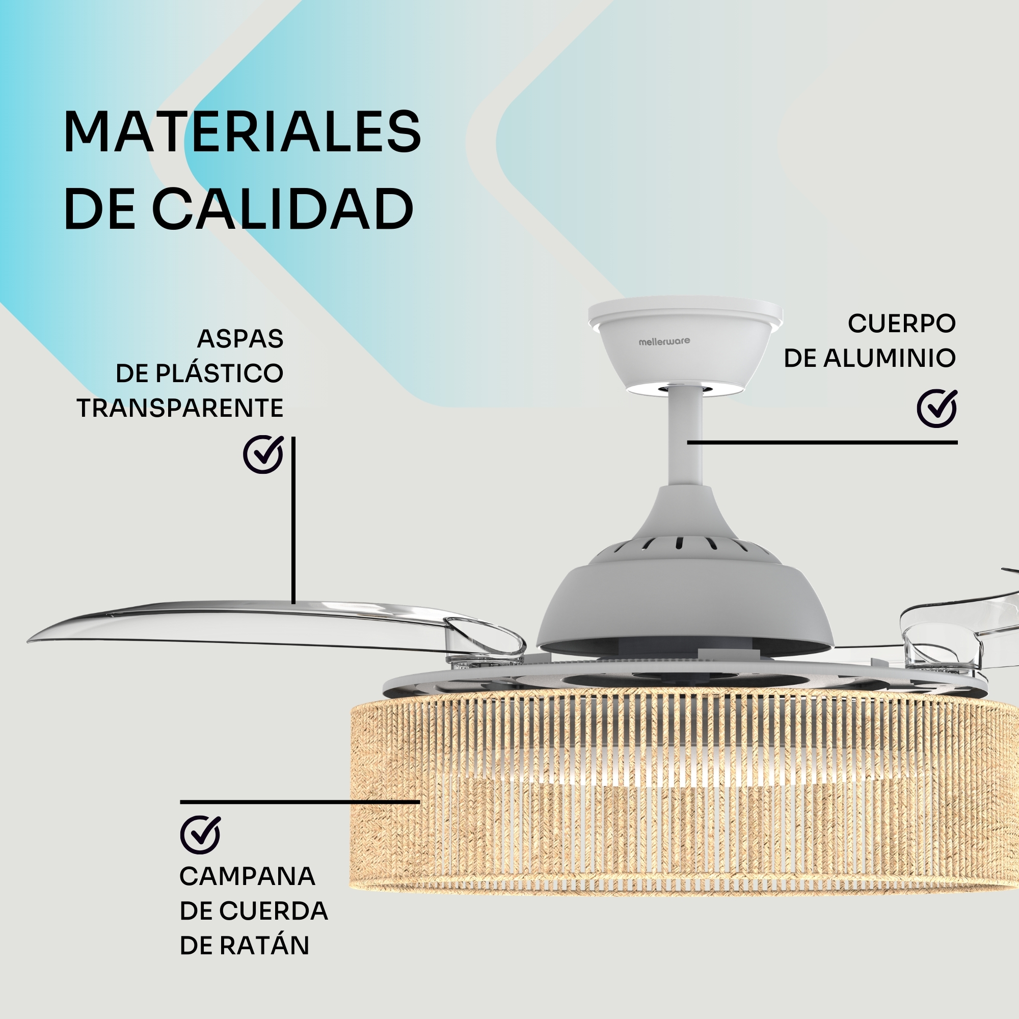 Ventilador de techo con cuerpo de aluminio, aspas de plástico transparente y pantalla de cuerda.