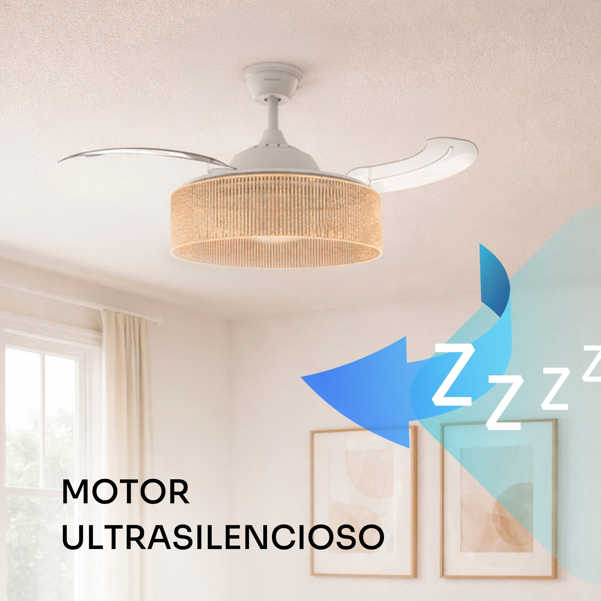 Una lámpara de ventilador de techo blanca con pantalla de ratán y símbolos Zzz.