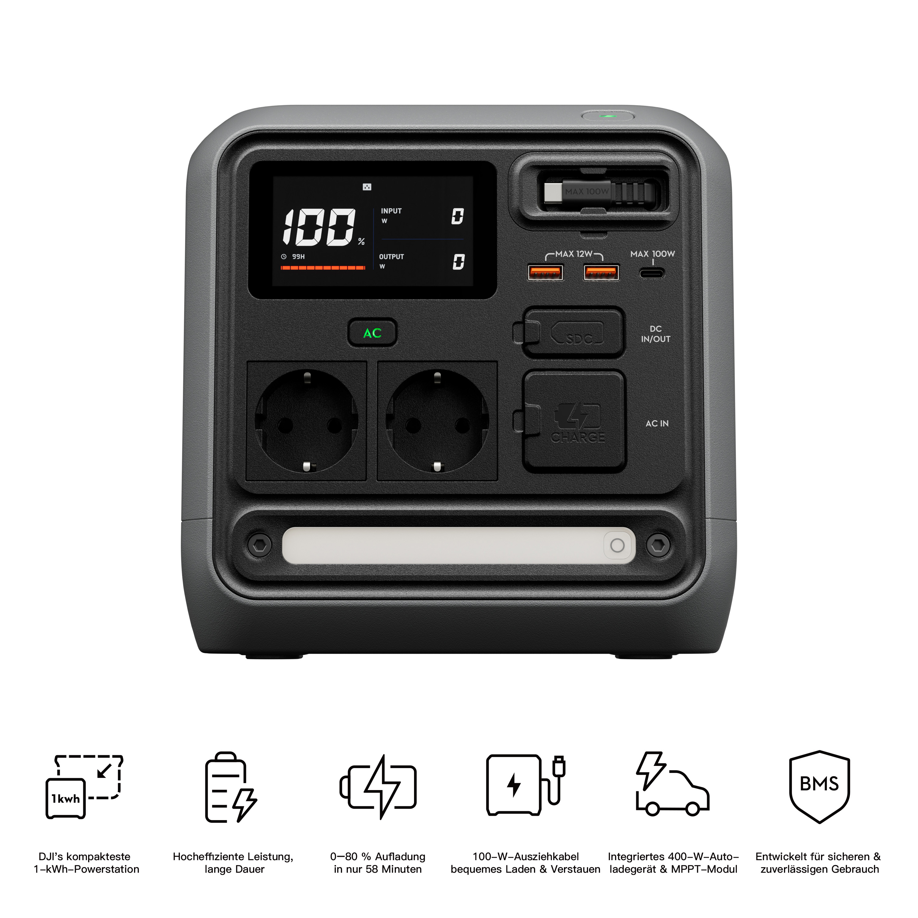 Graue Powerstation mit Display, zwei Steckdosen, USB-Anschlüssen und Ladeanzeige.