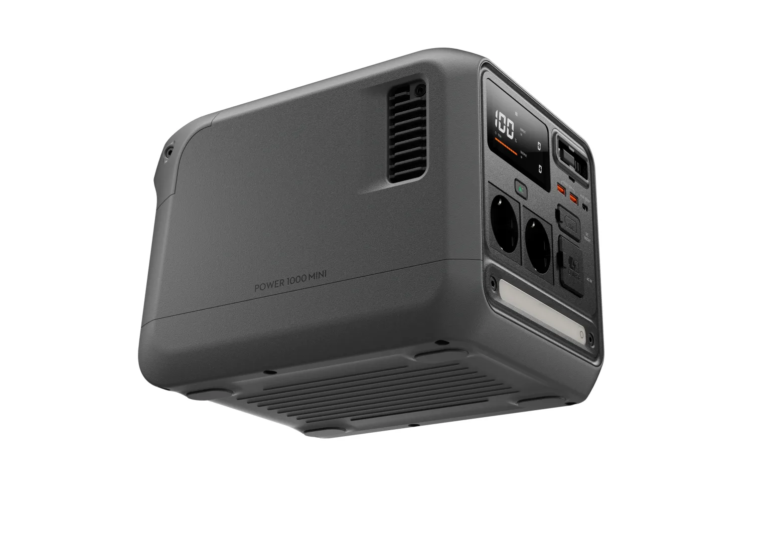 Grauer tragbarer Stromgenerator mit Digitalanzeige und Steckdosen, Beschriftung POWER 1000 MINI.