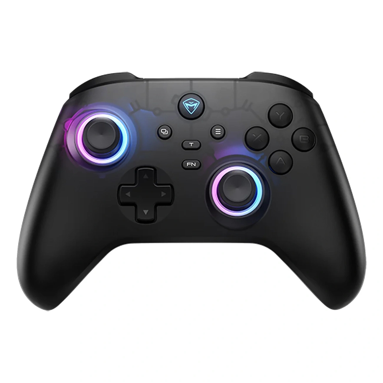 Controller da gioco nero con joystick e pulsanti illuminati.