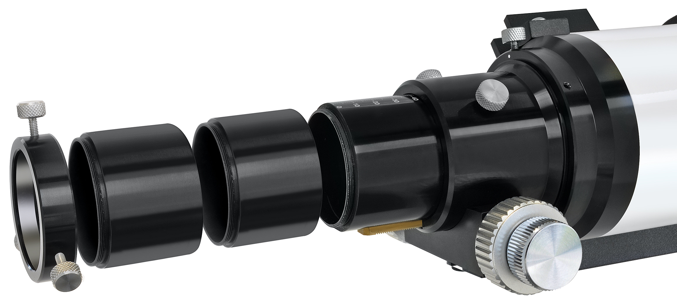 Un telescopio blanco con partes negras desmontables y tornillos plateados.