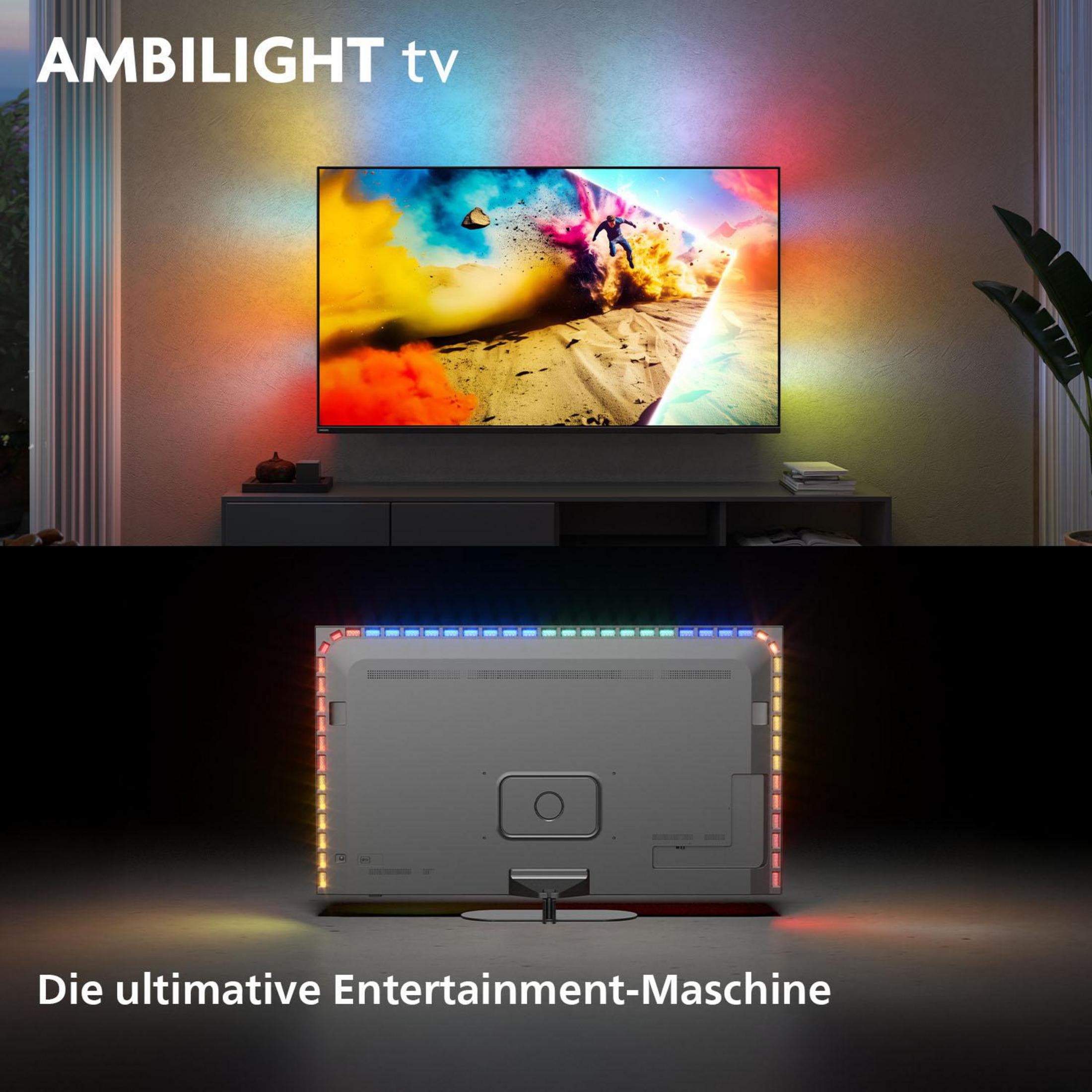 Telewizor z oświetleniem Ambilight oświetla ścianę.