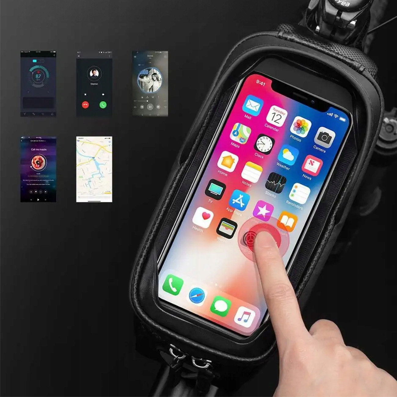 Un dedo toca un smartphone dentro de una bolsa de bicicleta negra. Varios iconos de aplicaciones son visibles.