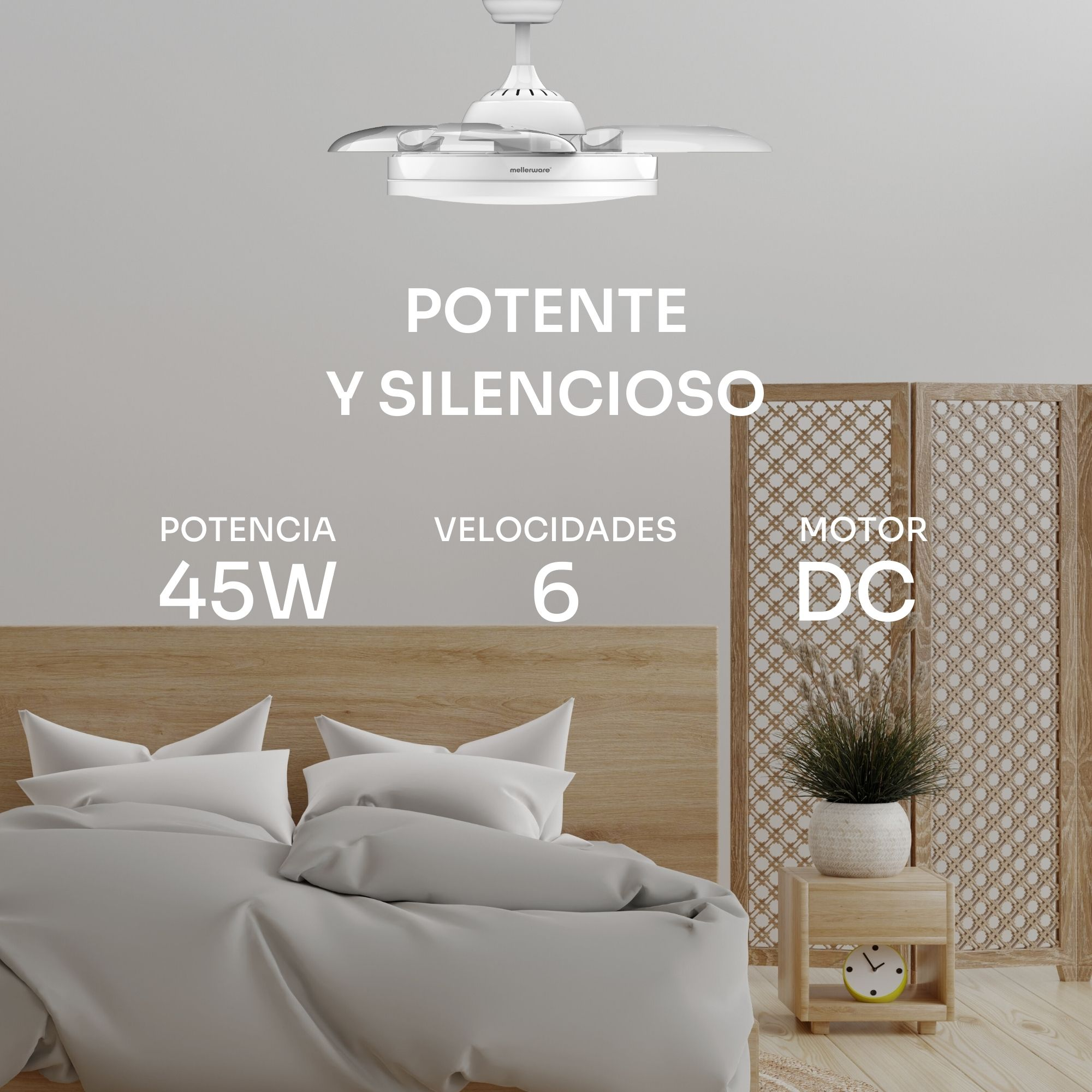 Un ventilador de techo blanco sobre una cama con ropa de cama gris y una mesita de noche.