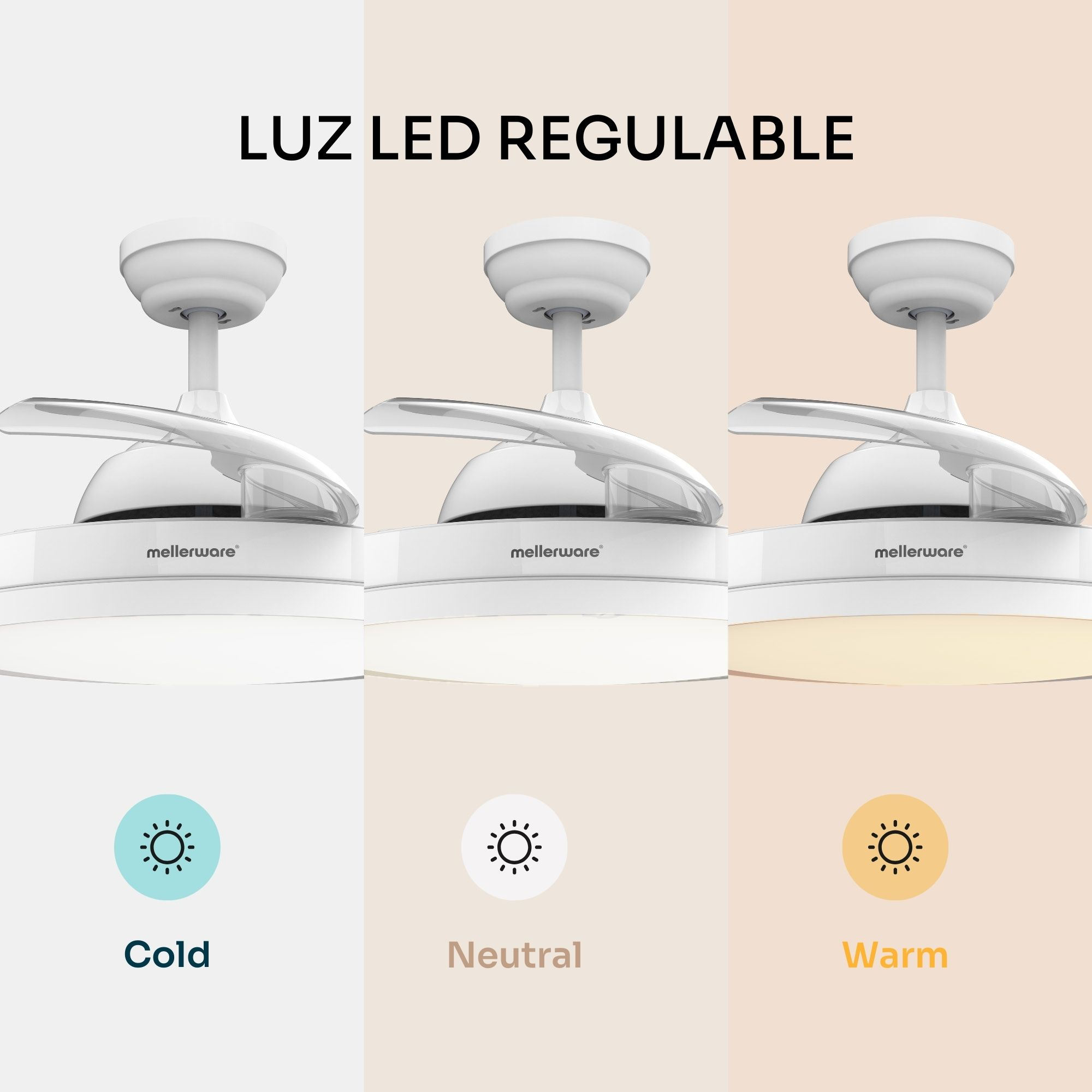 Tres ventiladores de techo blancos con luces LED en luz fría, neutra y cálida.
