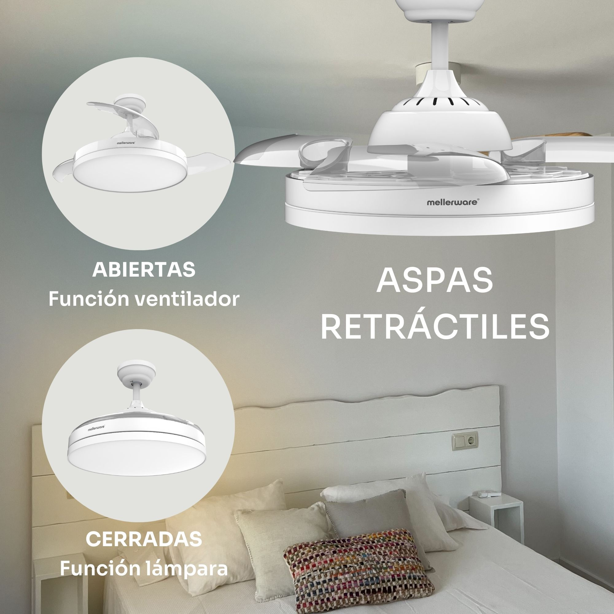 Un ventilador de techo blanco con aspas retráctiles y luz integrada.