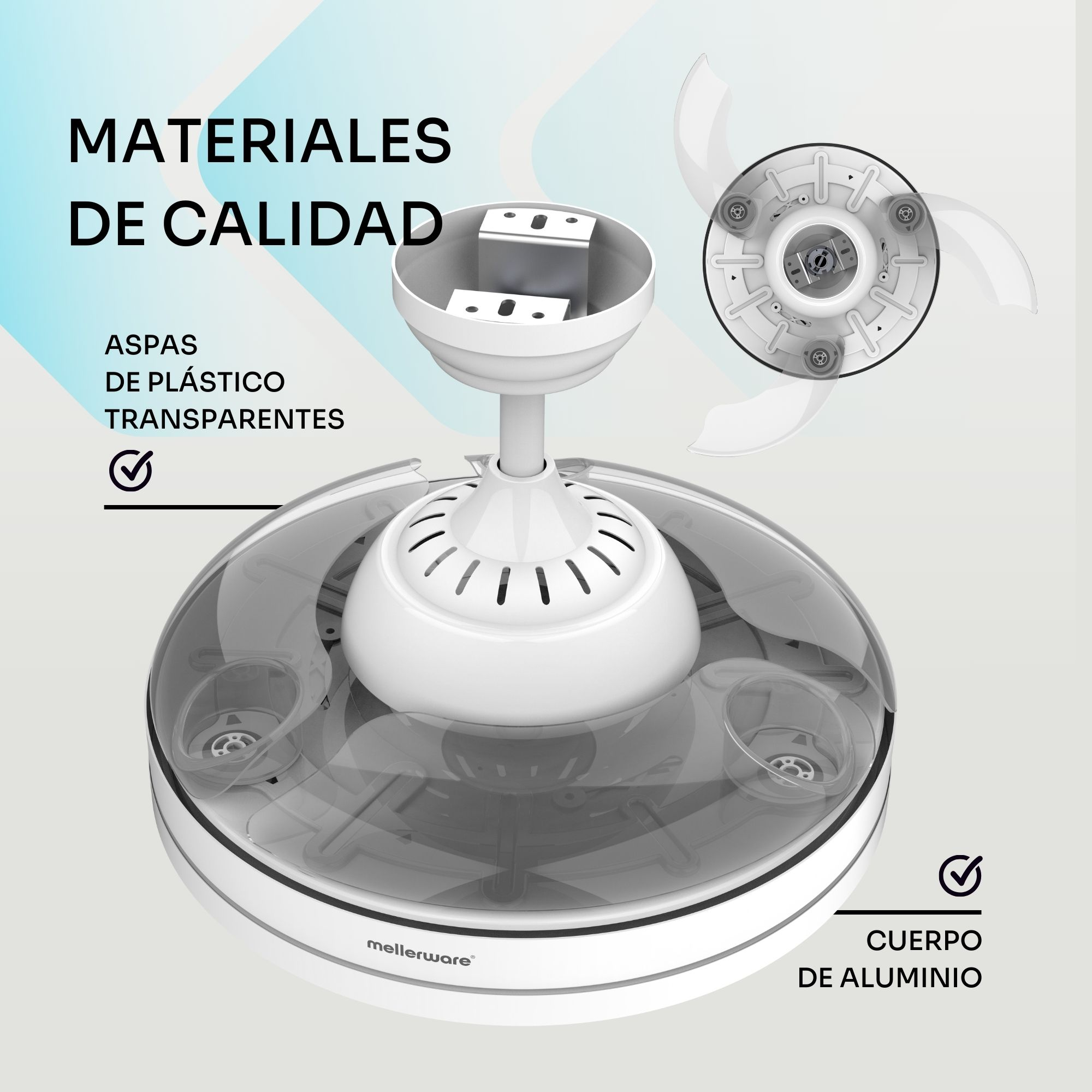 Un ventilador de techo blanco con aspas de plstico transparentes y cuerpo de aluminio.