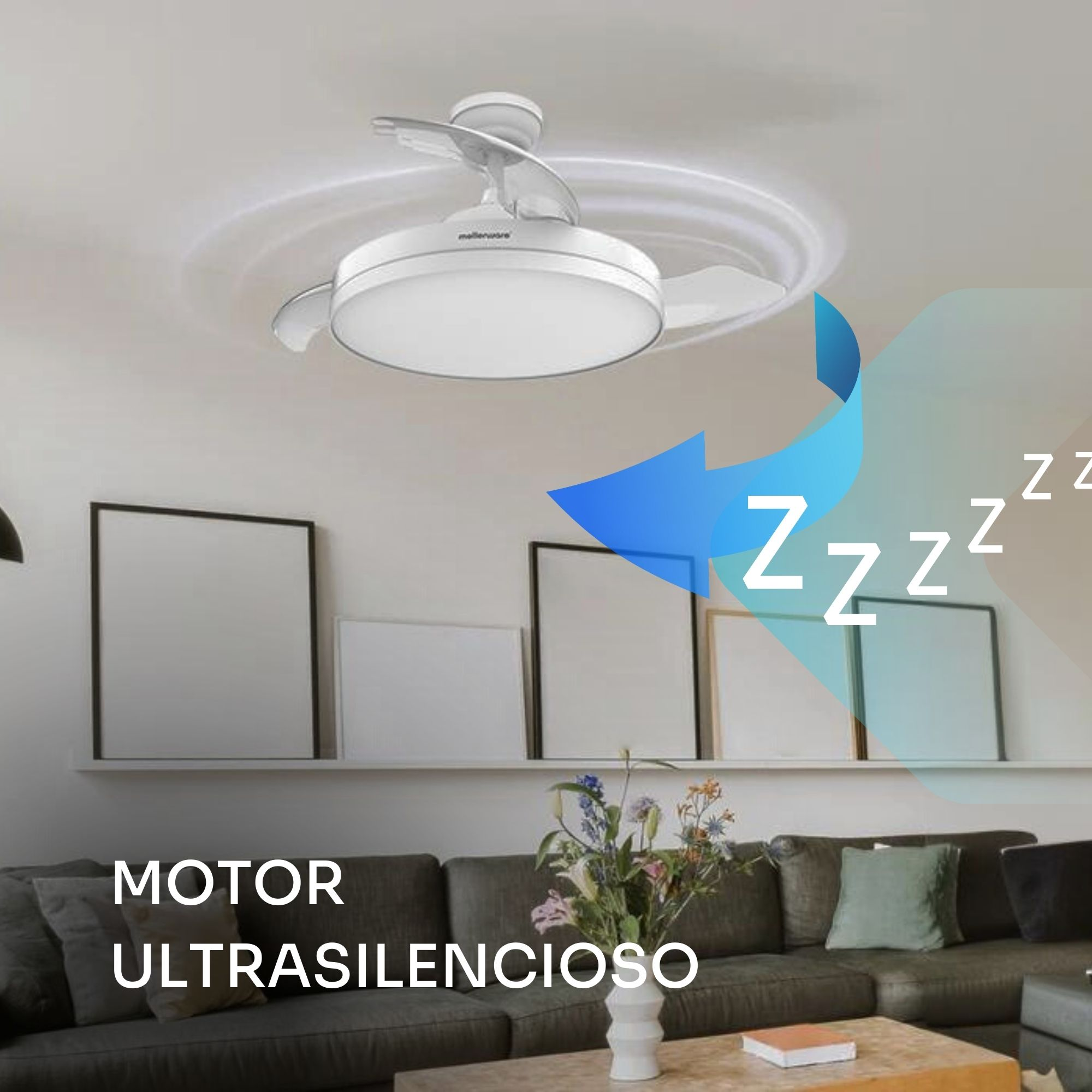Una lámpara de ventilador de techo blanca con símbolos Zzz encima.