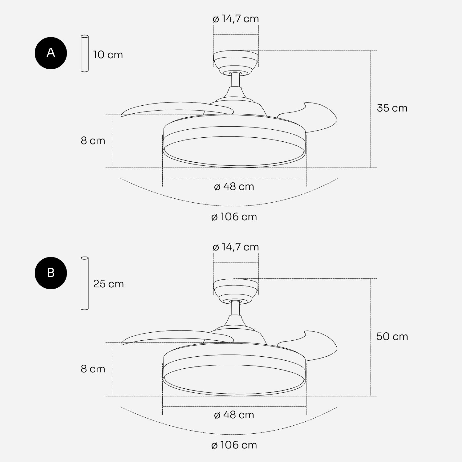 Dos ventiladores de techo con dimensiones y alturas de montaje. A: barra 10cm, altura total 35cm.